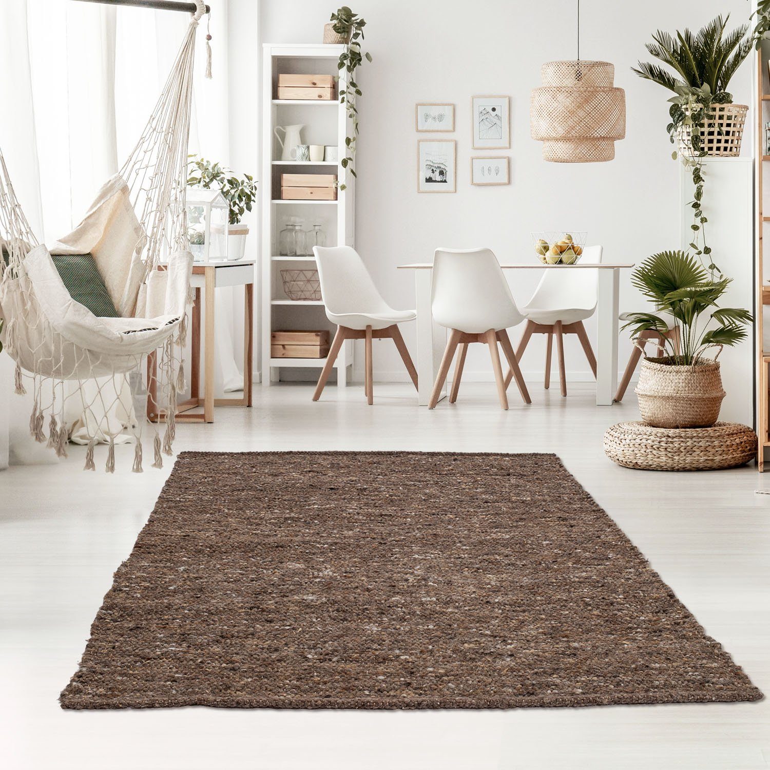 Wollteppich TaraCarpet Handwebteppich Oslo, TaraCarpet, rechteckig, Höhe: 10 mm, Schurwolle Handgewebt braun meliert Wohnzimmer Schlafzimmer 060x090 cm
