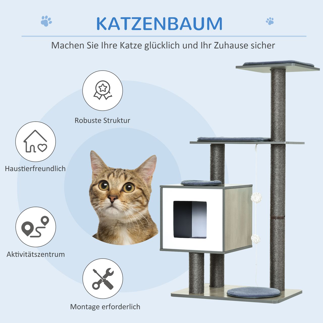 PawHut Katzenkratzbaum Katzenbaum Katzenspielzeug Kletterbaum Sisal Polster Liegefläche mit Ball Grau 71,5 x 49,5 x 120 cm