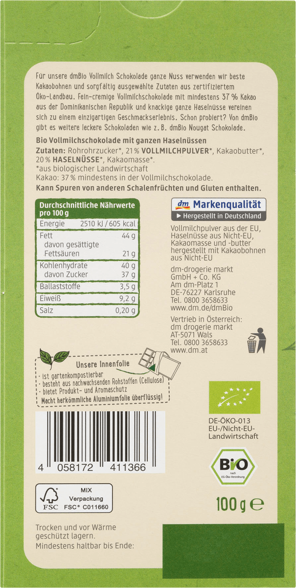 Schokolade, Vollmilch Schokolade ganze Haselnuss 20 %, 100 g
