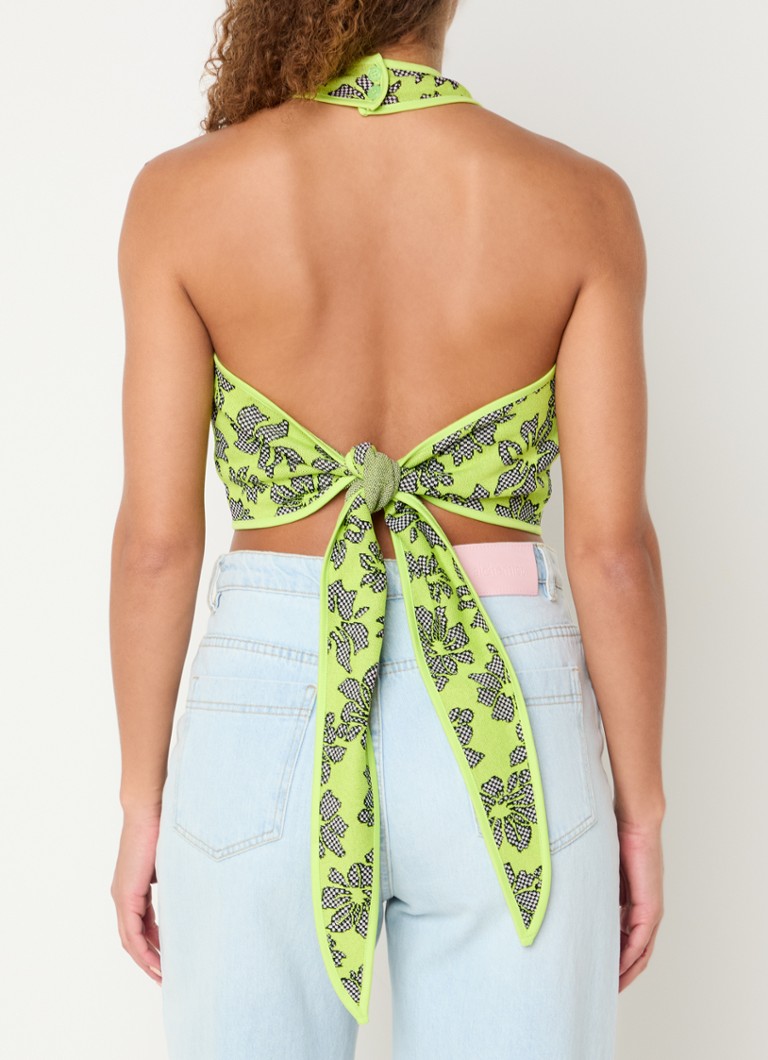 Top corto a collo alto in maglia fine con stampa floreale del marchio Refined Department