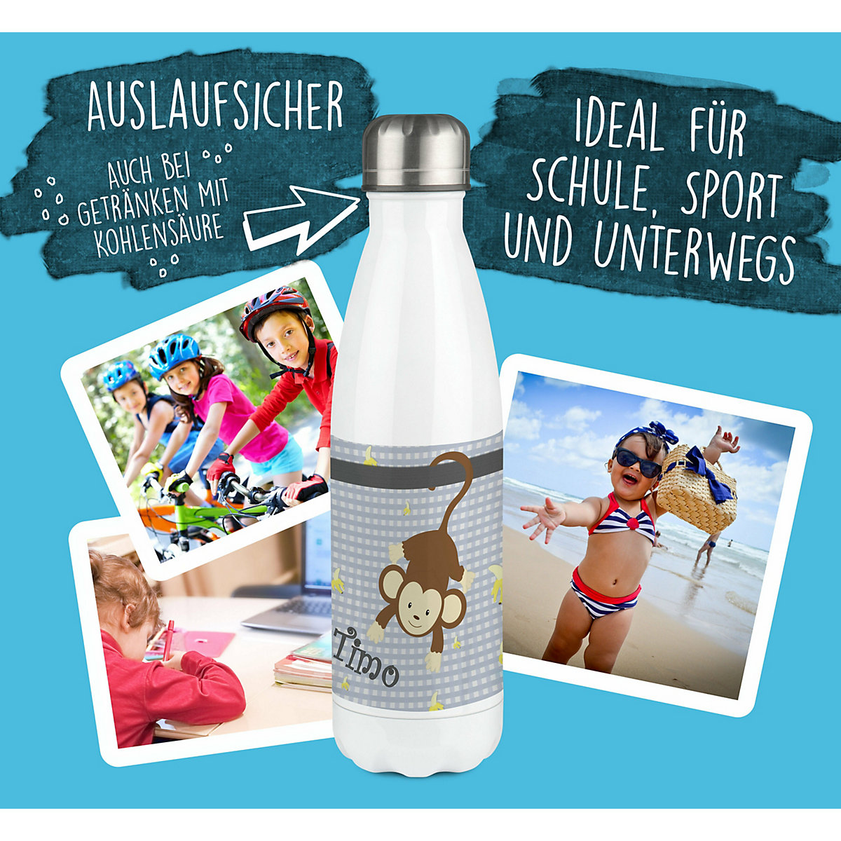 Edelstahl Kinder Thermoflasche / Trinkflasche bunt Affe hängend Farbe grau Spülmaschinenfest, Auslaufsicher, Bruchfest, Doppelwandig, Für Heißgetränke geeignet, Mit Deckel, Isoliert
