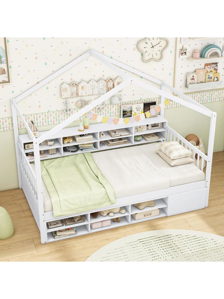 COSTWAY Kinderbett 90x200cm mit Dach & 14 Fächern in Weiß günstig kaufen onesize