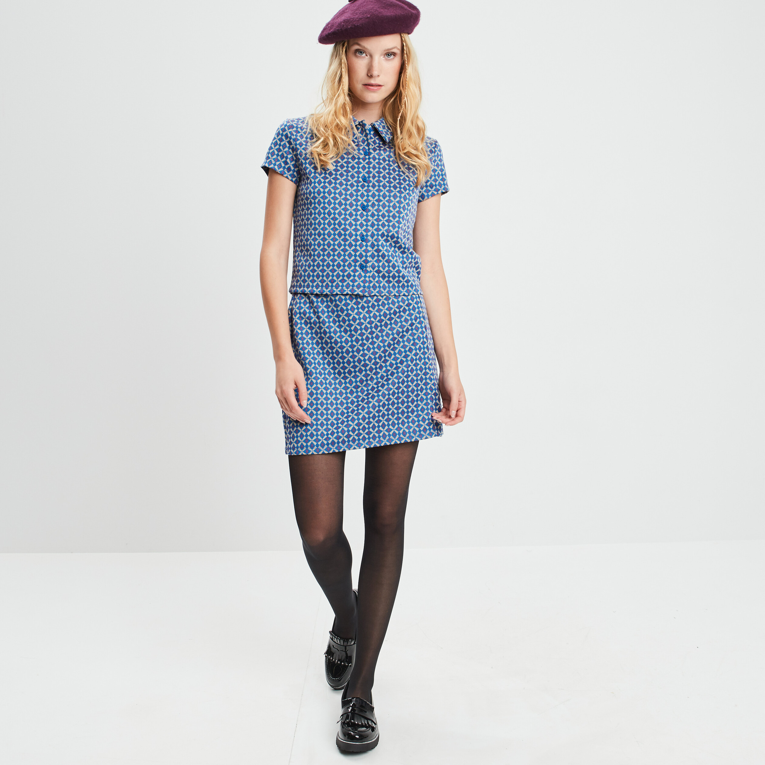T-shirt cropped jacquard manches courtes bleu femme | La Halle