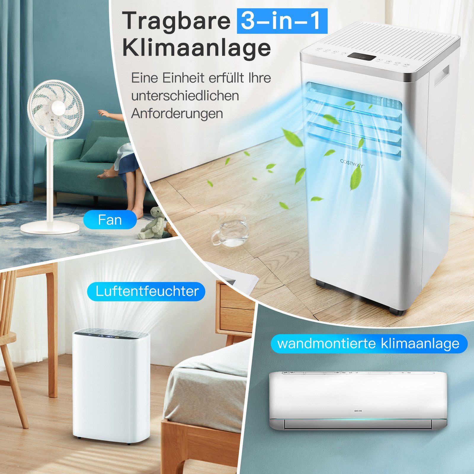 COSTWAY 3-in-1-Klimagerät, 7000BTU, für 65m³, mit Fernbedienung, 16℃-32℃