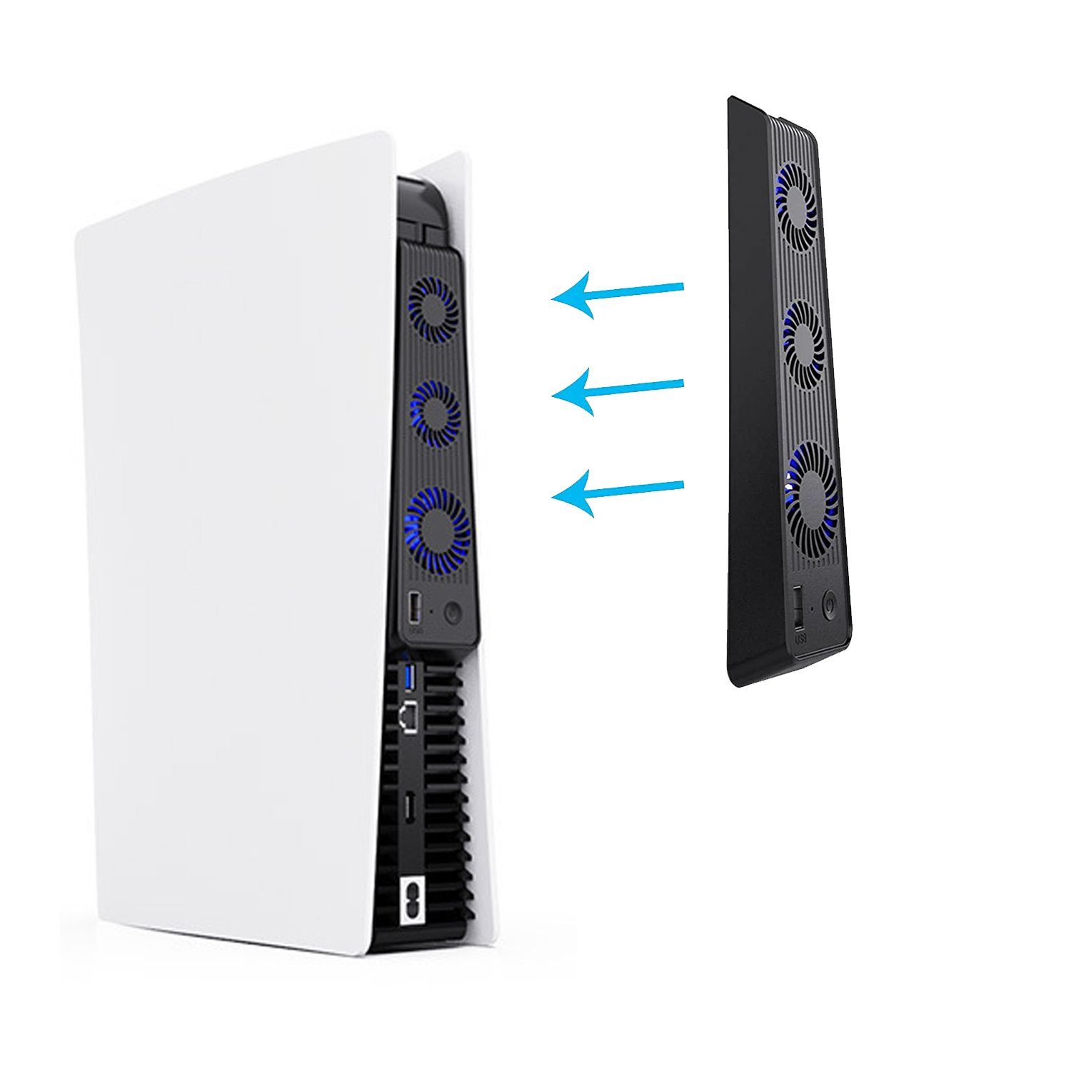 KINSI PS5 Mainframe-Kühlgebläse, PS5 Cooling Lüfter, mit externem PlayStation-Controller (USB-Anschluss und 3 Ventilatoren, Temperaturkontrolle für PS5, Schwarz)