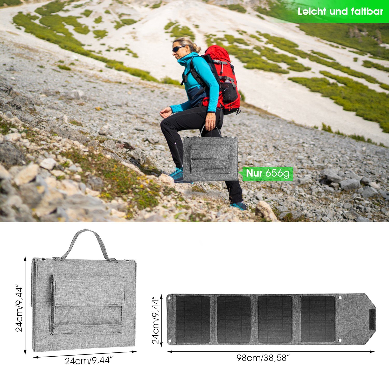 LETGOSPT Solarmodul 50W Portable Solarmodul Ladegerät, Faltbares Panel Wasserdichte IP67, Powerbank Solar Ladegerät für Wandern, Camping, Outdoor