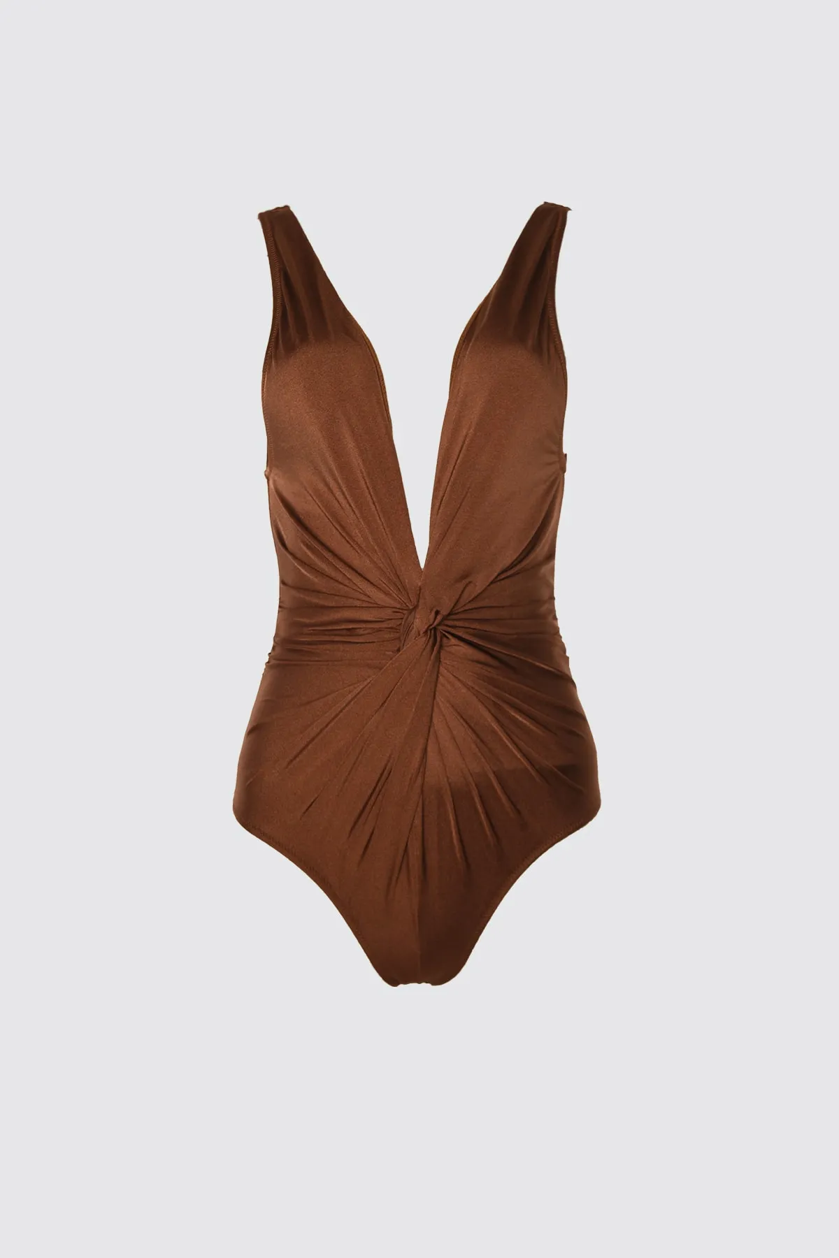Trendyol Collection  Brauner Badeanzug mit tiefem V-Ausschnitt und Raffung TBESS21MA0055