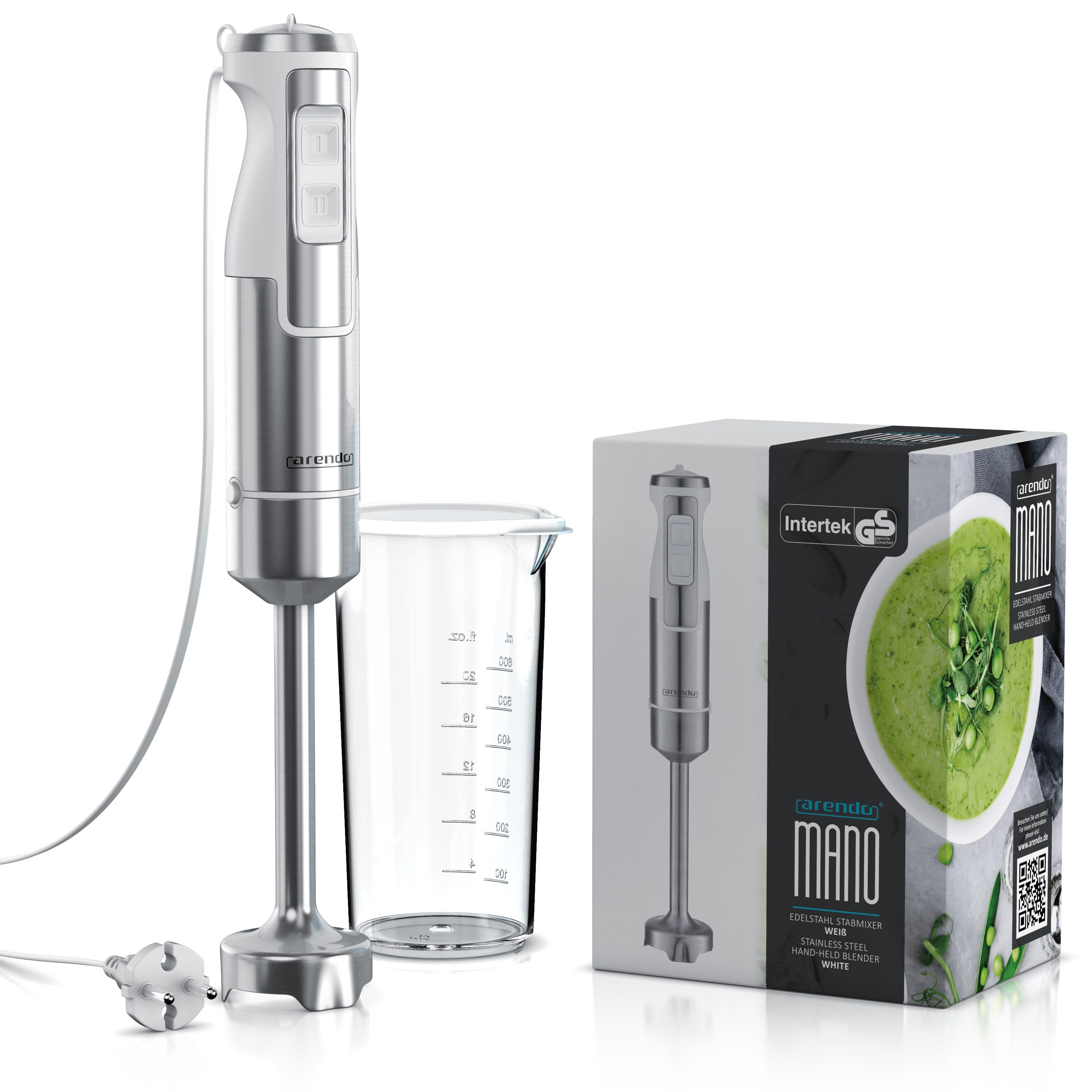 Arendo Stabmixer, 1000 W, Edelstahl mit stufenloser Geschwindigkeitsregelung, Pürierstab - Weiß