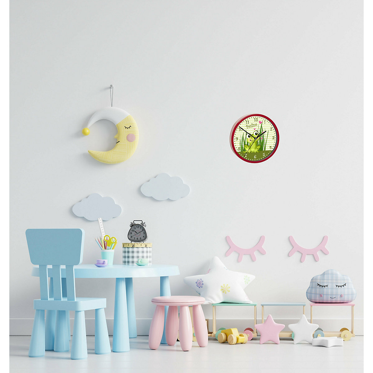 Kinder Wanduhr laufruhig personalisiert mit Name Frosch-Graß-Karo