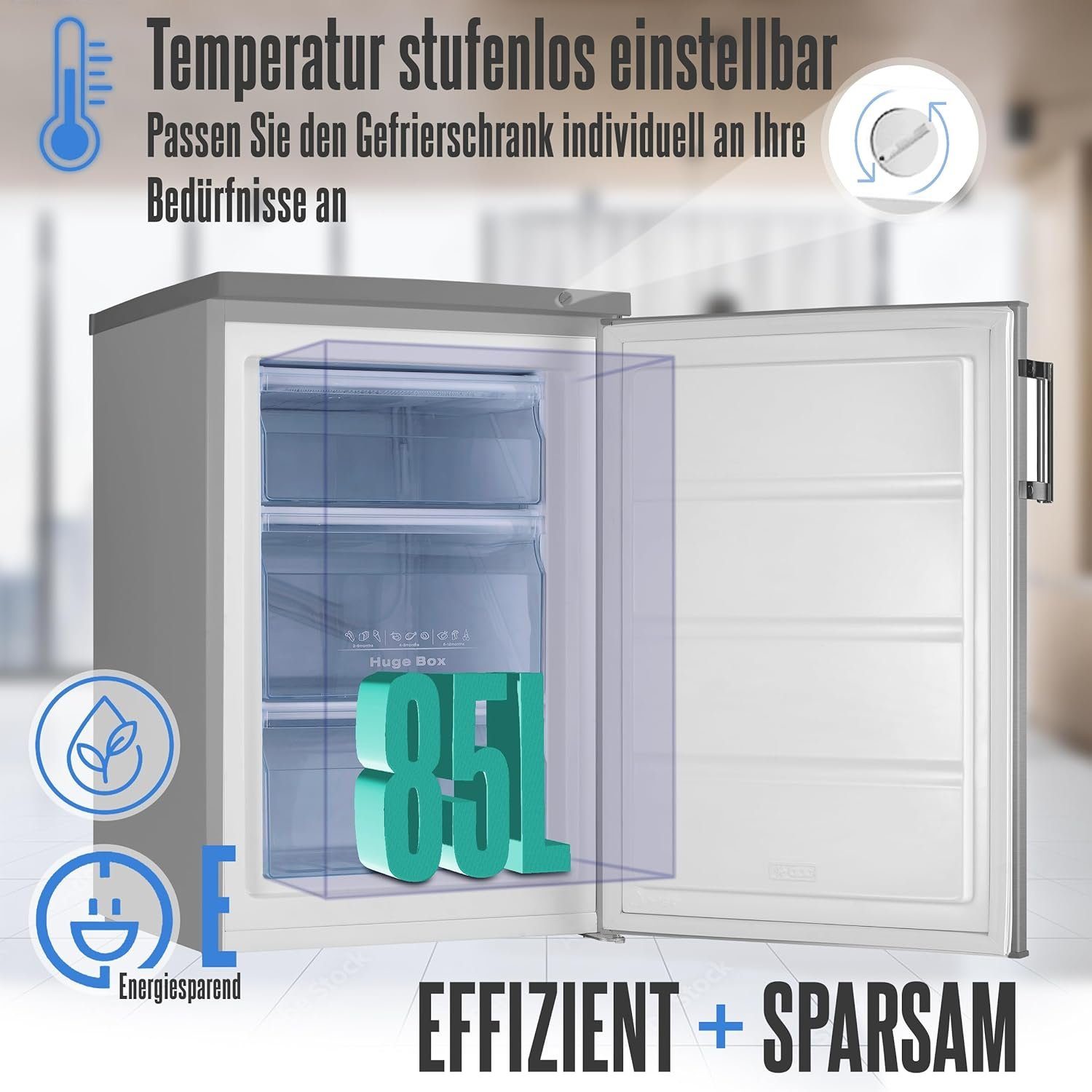 Heinrich´s Gefrierschrank HGS 4090 IX, 84.5 cm hoch, 56 cm breit, Freezer 3x Gefrierschublade 85 Liter DE Frost Air-Flow-System