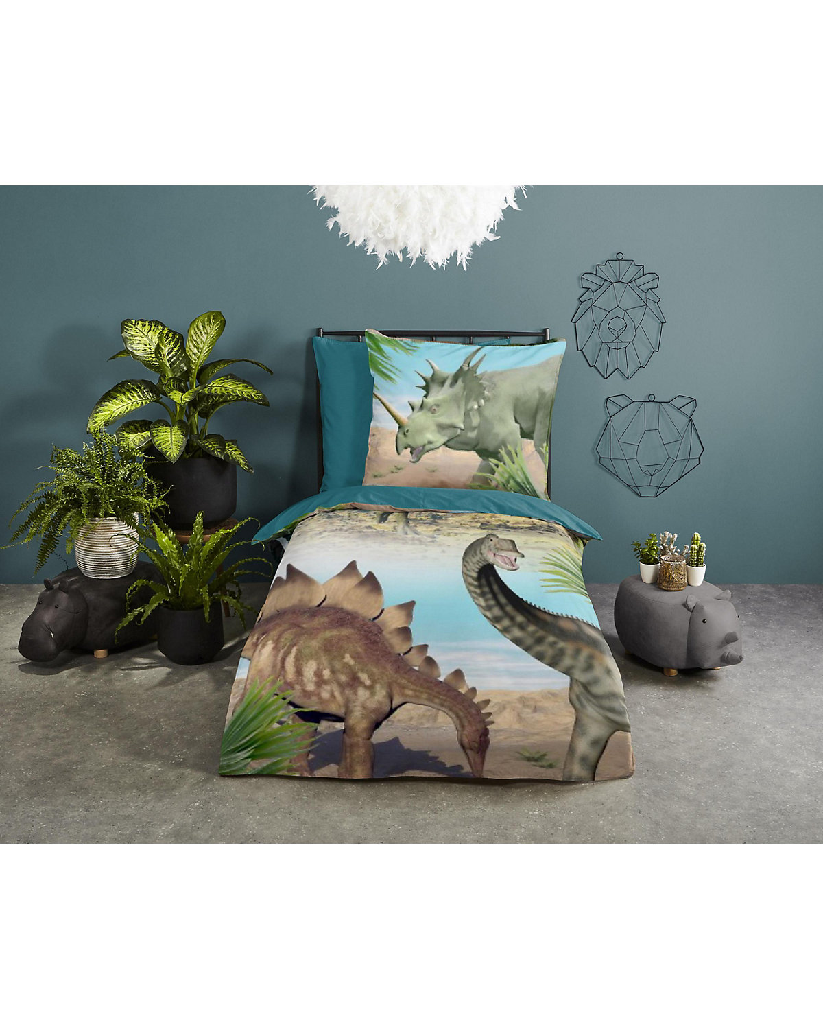 Wende-Kinderbettwäsche Dino, Renforcé, 135 x 200 + 80 x 80 cm