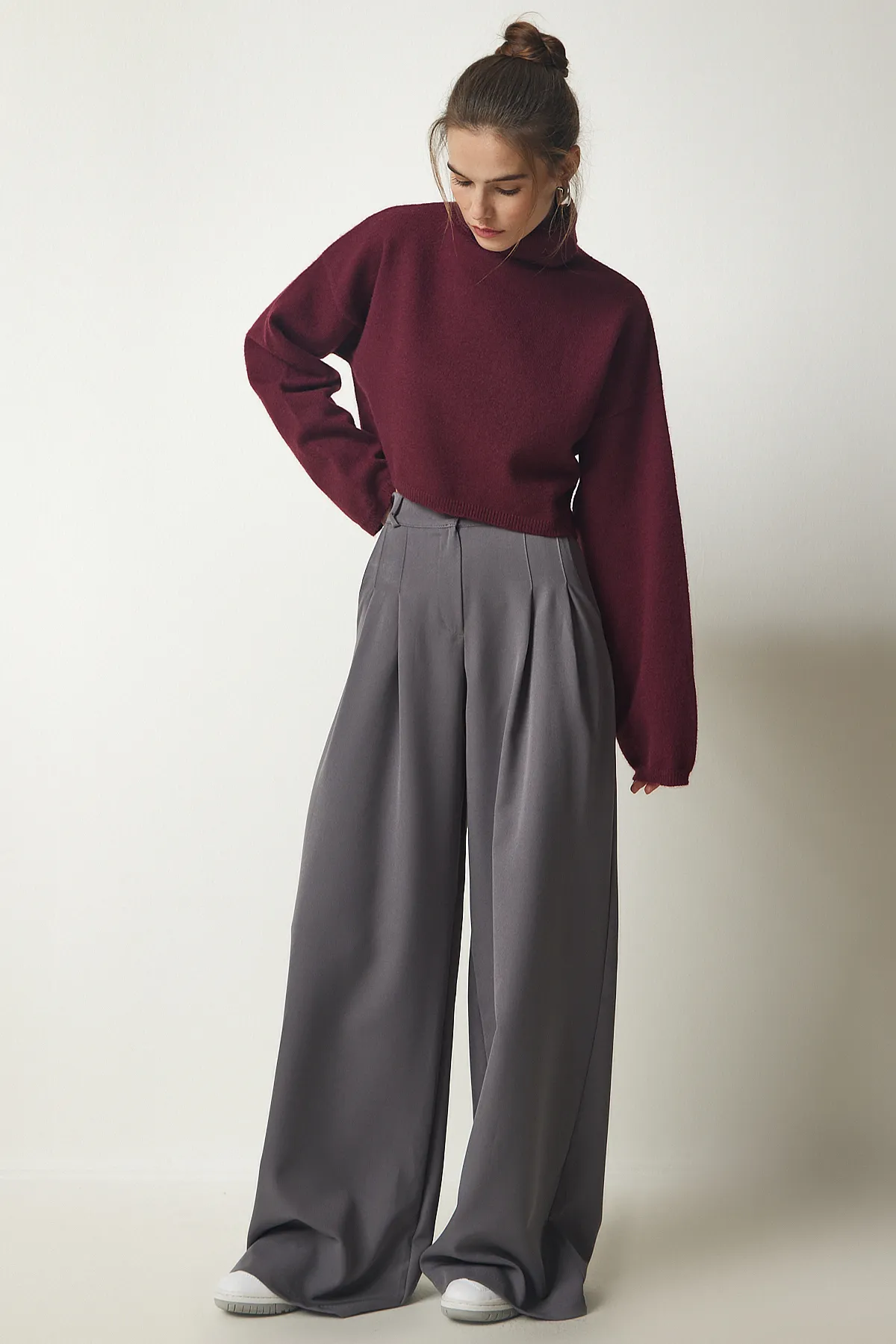 Happiness İstanbul  Graue plissierte Palazzo-Webhose für Damen FN03139