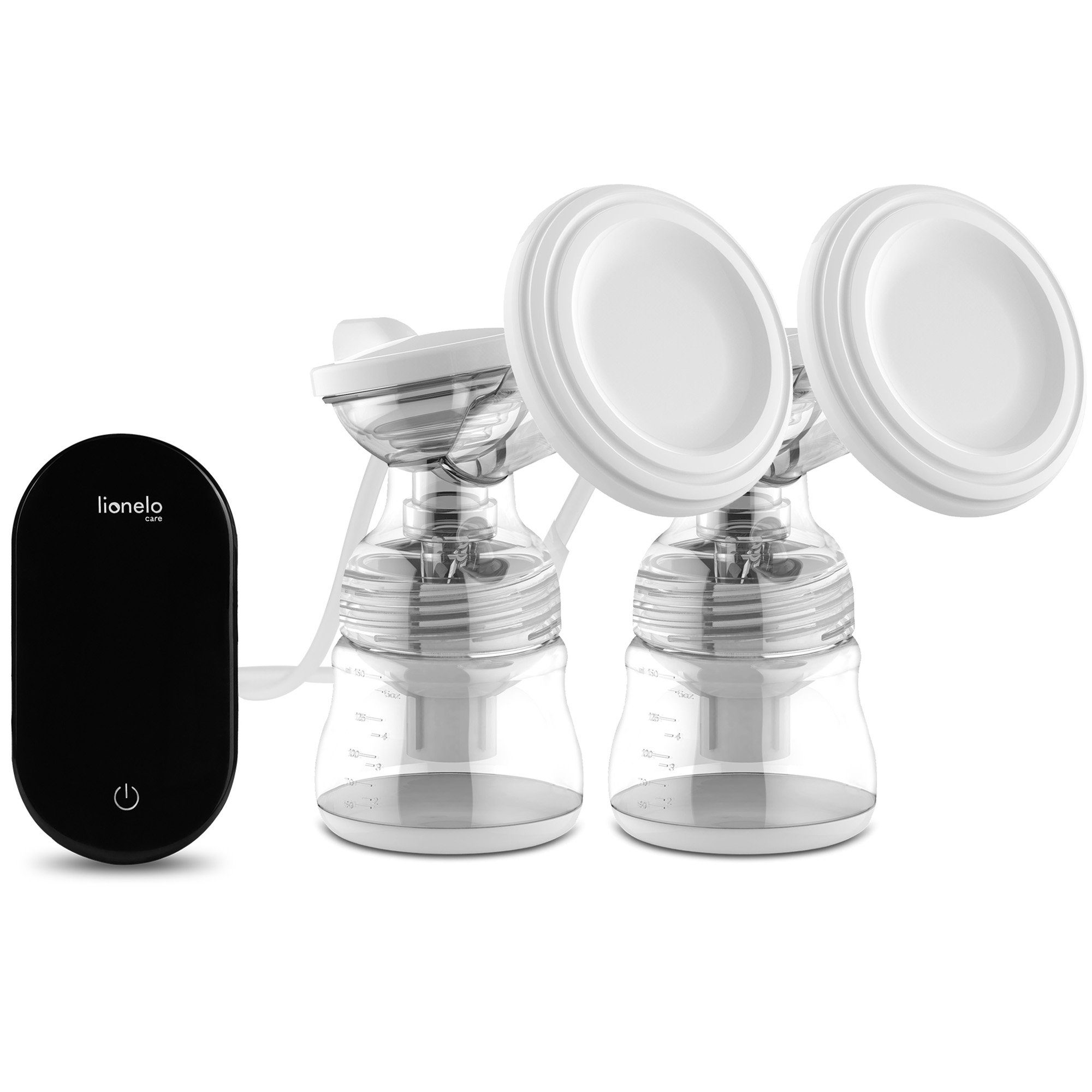 lionelo Elektrische Doppelmilchpumpe TWEE GO, 2 Stück 150ml Milchflaschen mit passendem Sauger, LED-Anzeige 9 Saugstufen Netzstrom Batterien