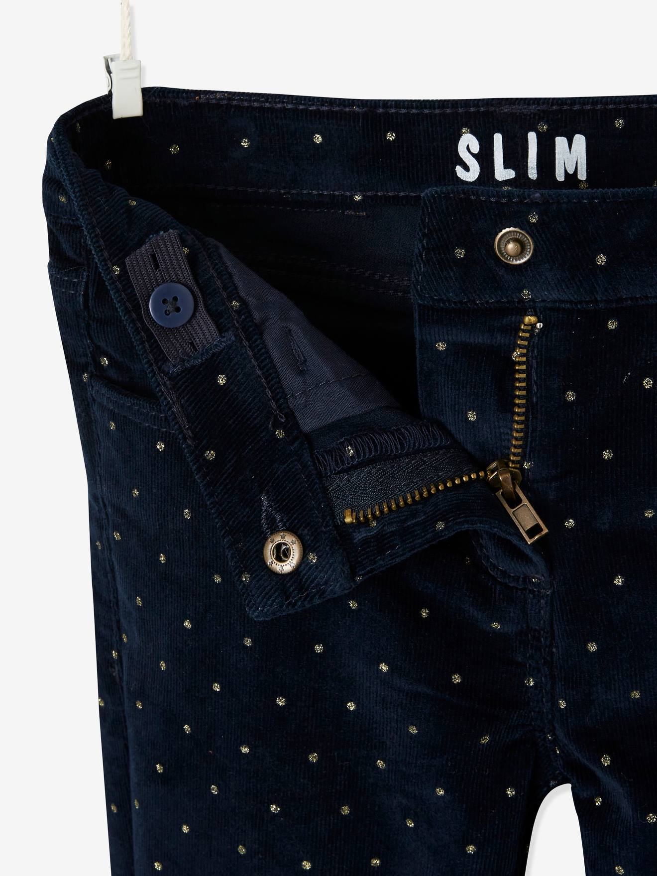 Vertbaudet Mädchen Slim-Fit-Cordhose, Hüftweite REGULAR, Glanztupfen - marine bedruckt