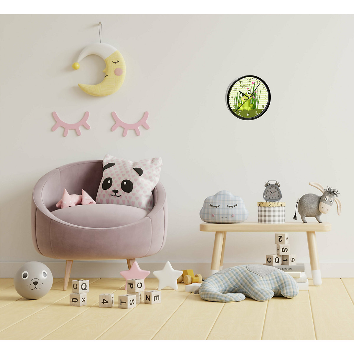 Kinder Wanduhr laufruhig personalisiert mit Name Frosch-Graß-Karo