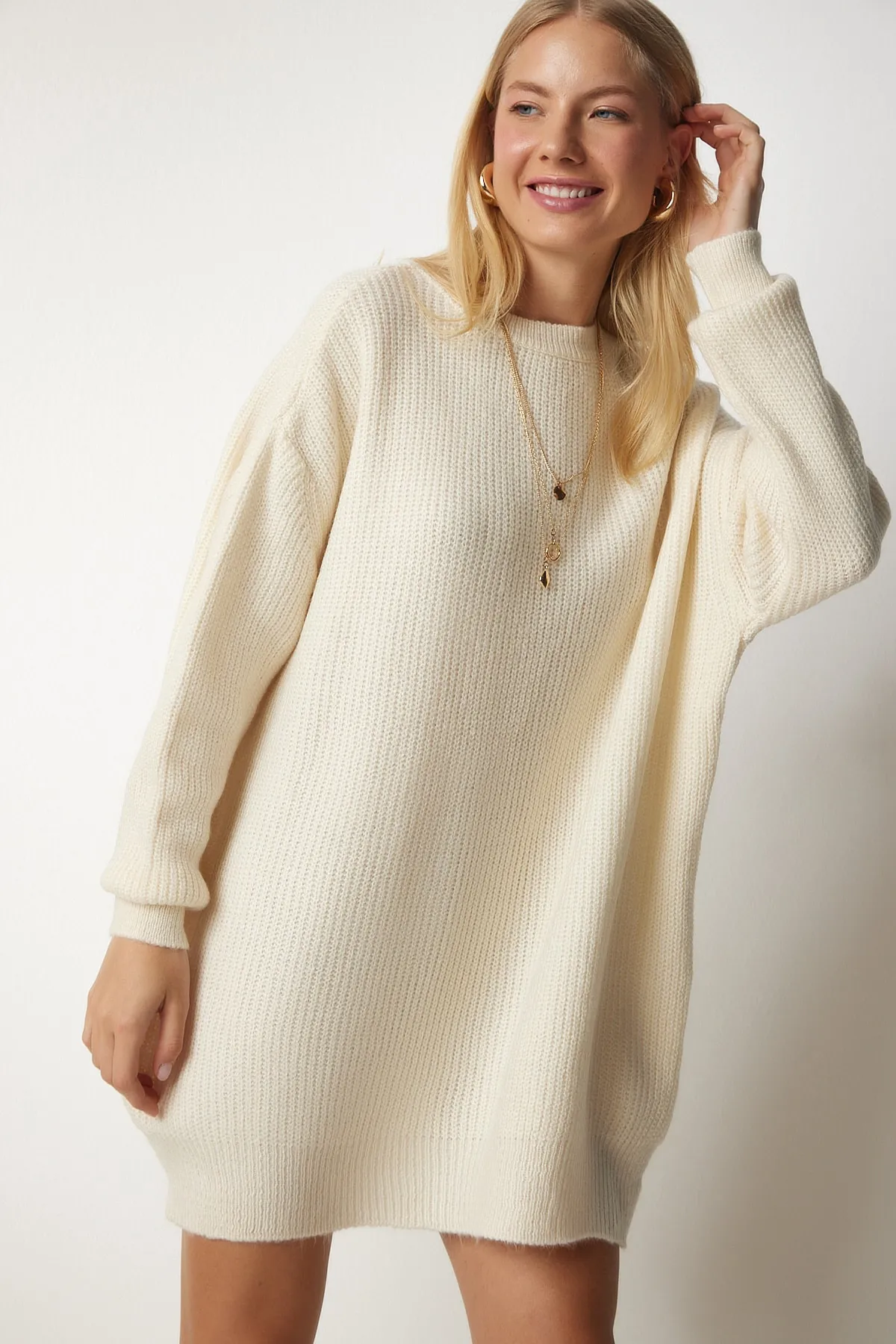 Happiness İstanbul  Damen Bone Oversize Langes Basic Strick-Sweatshirt BV00099