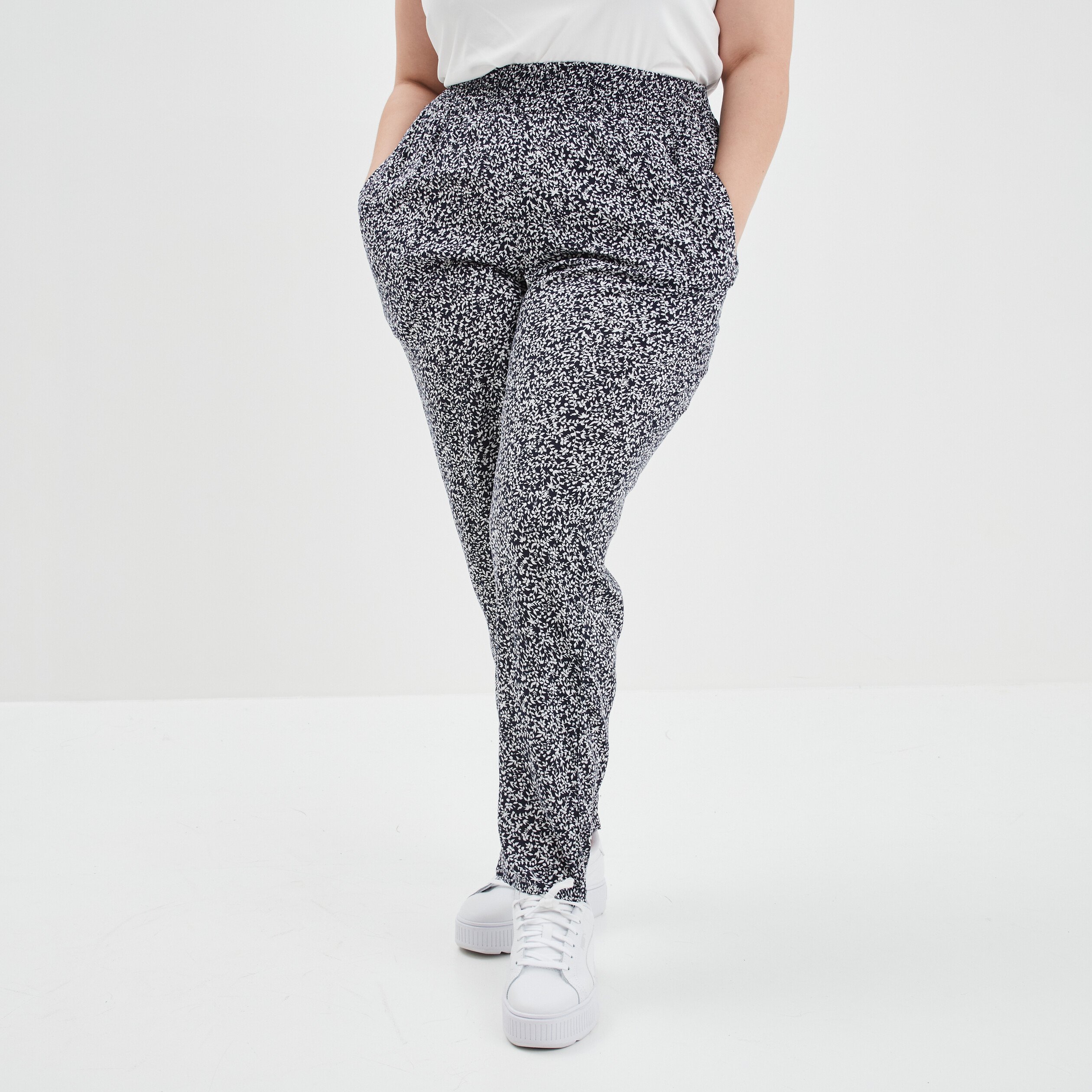 Pantalon fluide taille élastiquée bleu marine femme grande taille | La Halle