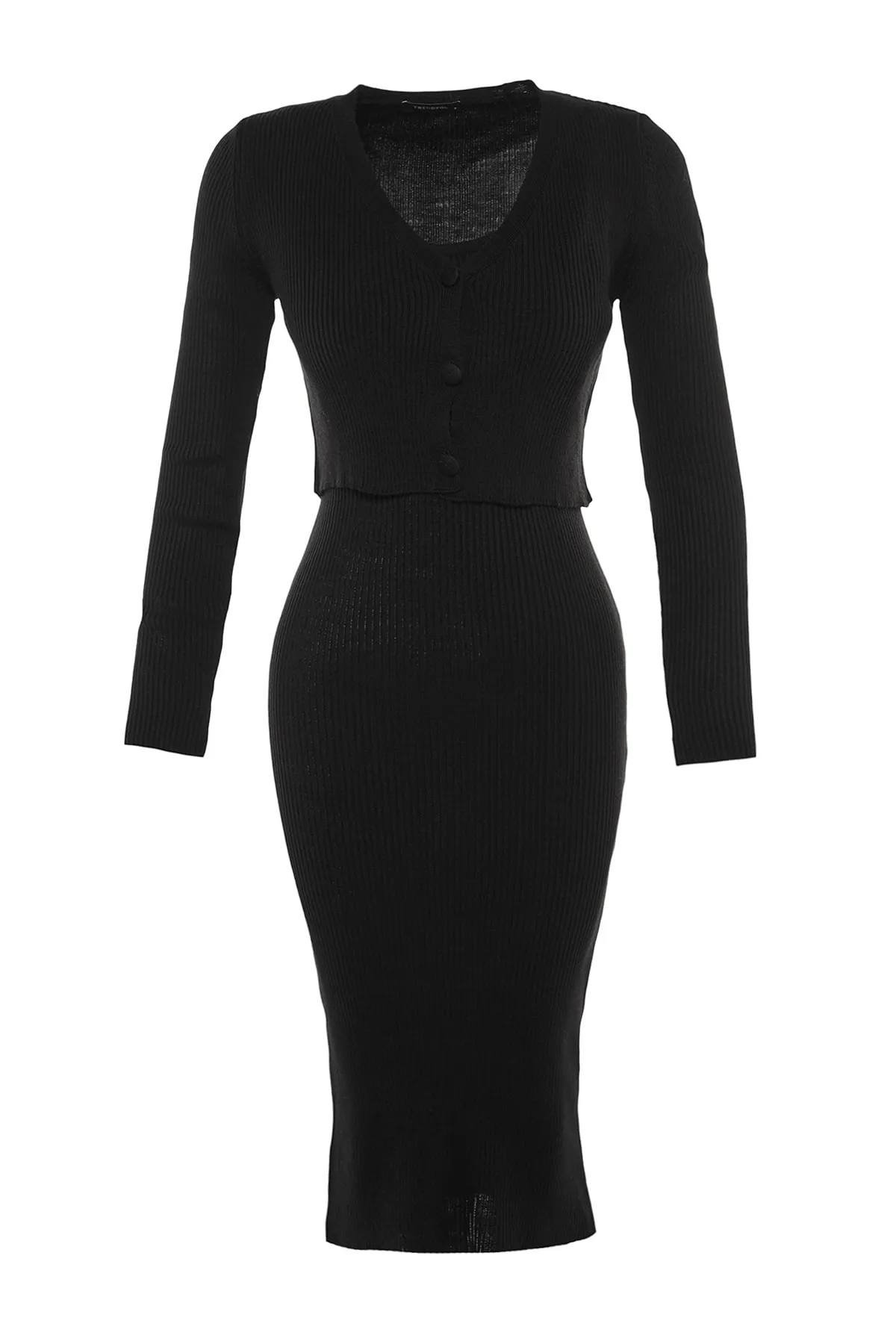 Trendyol Collection  Schwarz Schwarzer, taillierter Midi-Strick-Cardigan-Anzug TWOSS21EL0208 Kleid TWOSS21EL0208