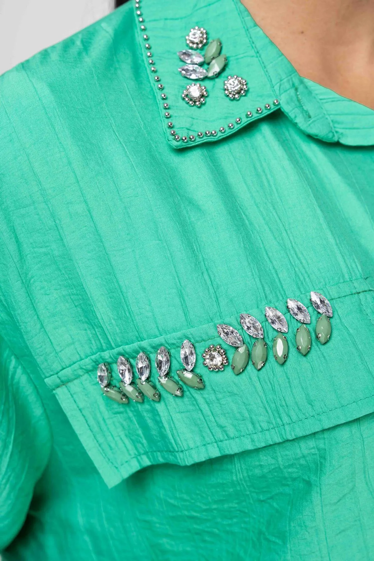 Olcay  Tuniği Hosenset mit elastischer Taille und Steindetail GRÜN 9222-TK