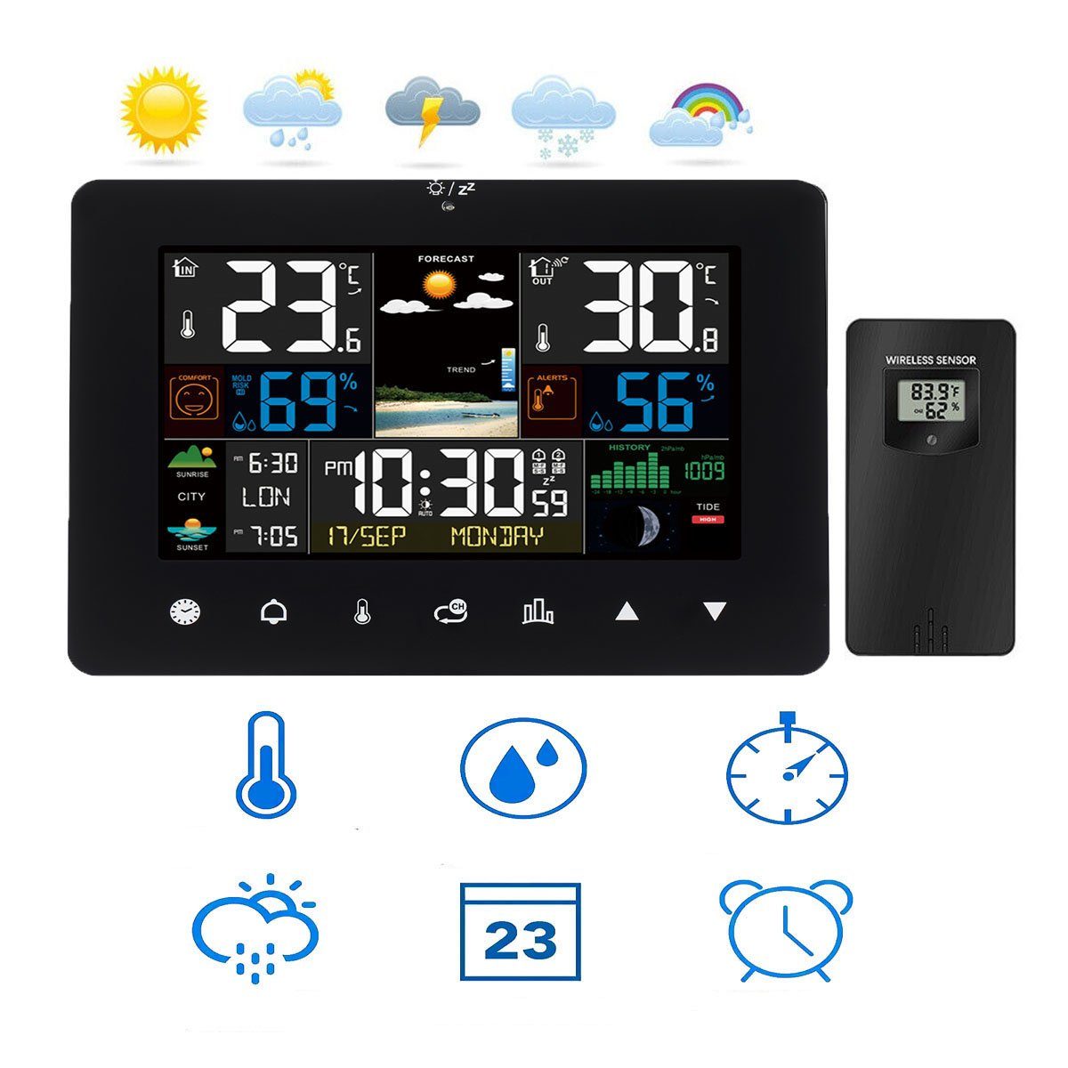 oyajia LED Wetterstation mit Funk-Außensensor, mit Kalender Wetterstation (Kalender Thermometer Hygrometer Farbdisplay)