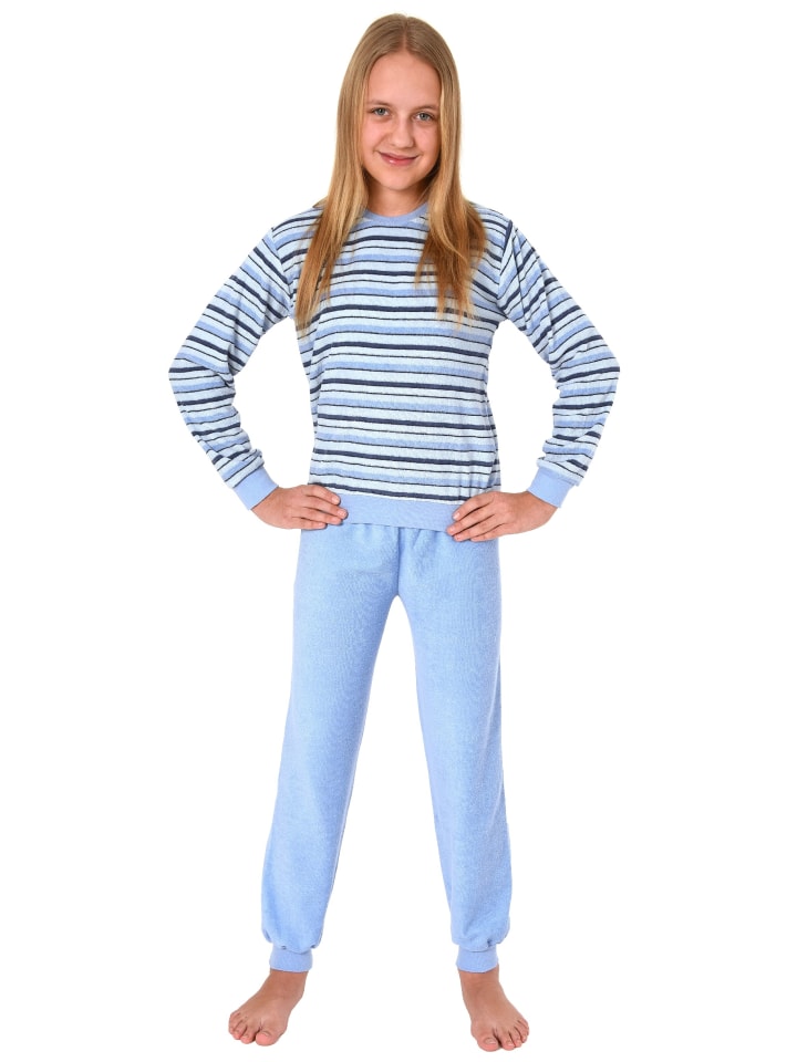 NORMANN Frottee Pyjama Schlafanzug langarm Bündchen - 50655 in hellblau günstig kaufen