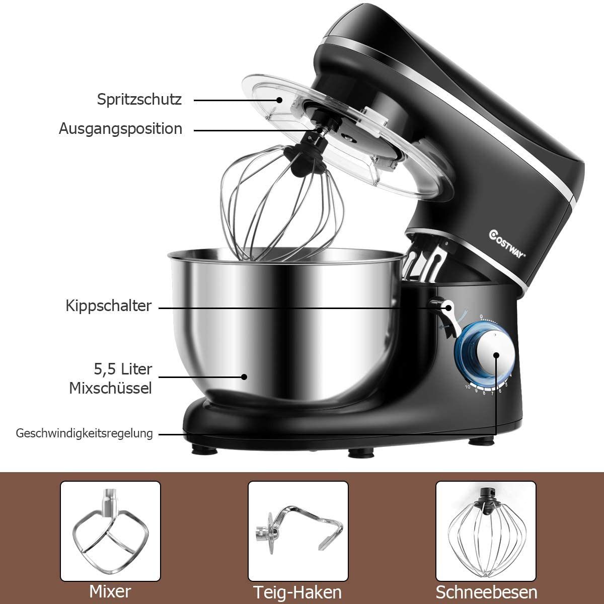 COSTWAY Küchenmaschine, 1300 W, 5,50 l Schüssel, 5,5L Schüssel, 3 Aufsätze, 10 Tempos