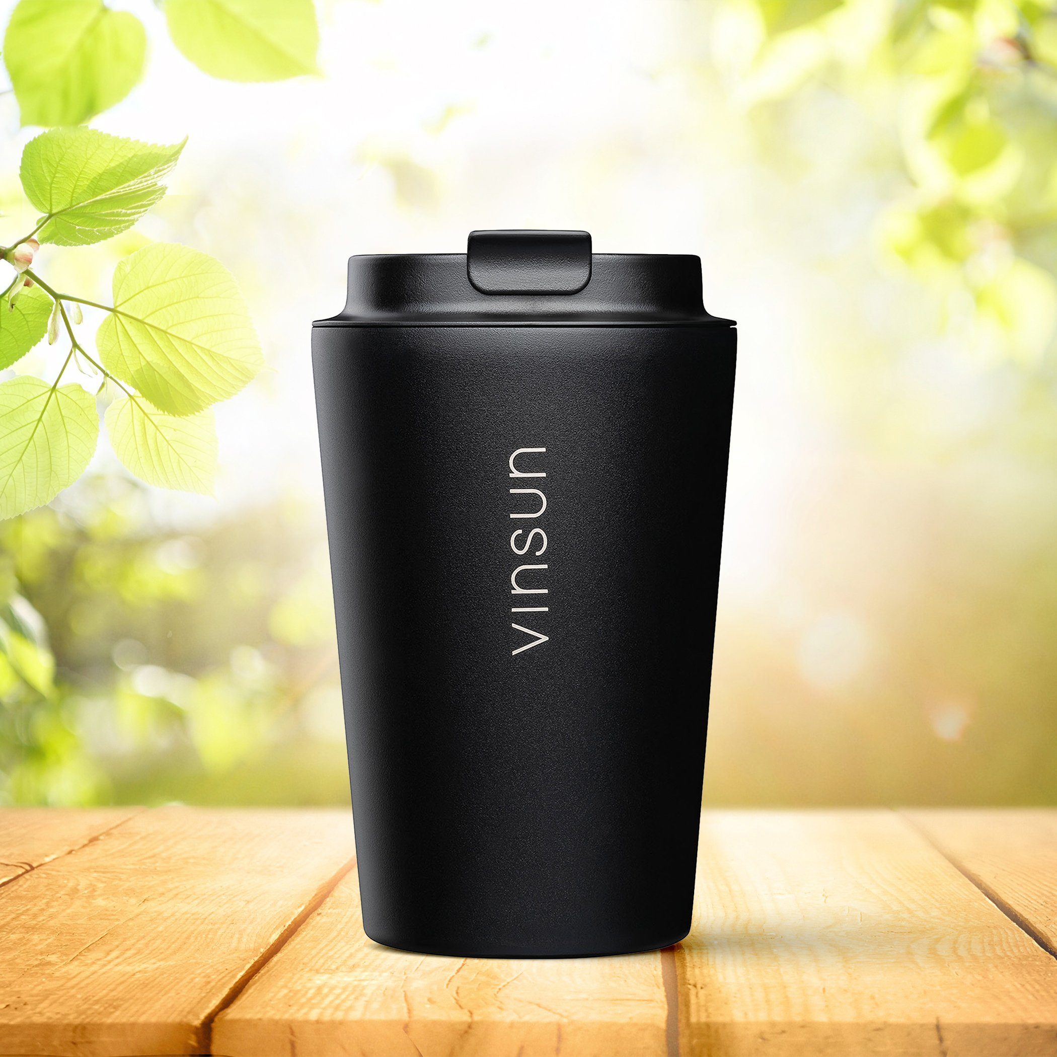 Vinsun Thermobecher Isolierbecher 350ml Schwarz - Kaffeebecher to go, Edelstahl, auslaufsicher, bruchfest, für heiße und kalte Getränke