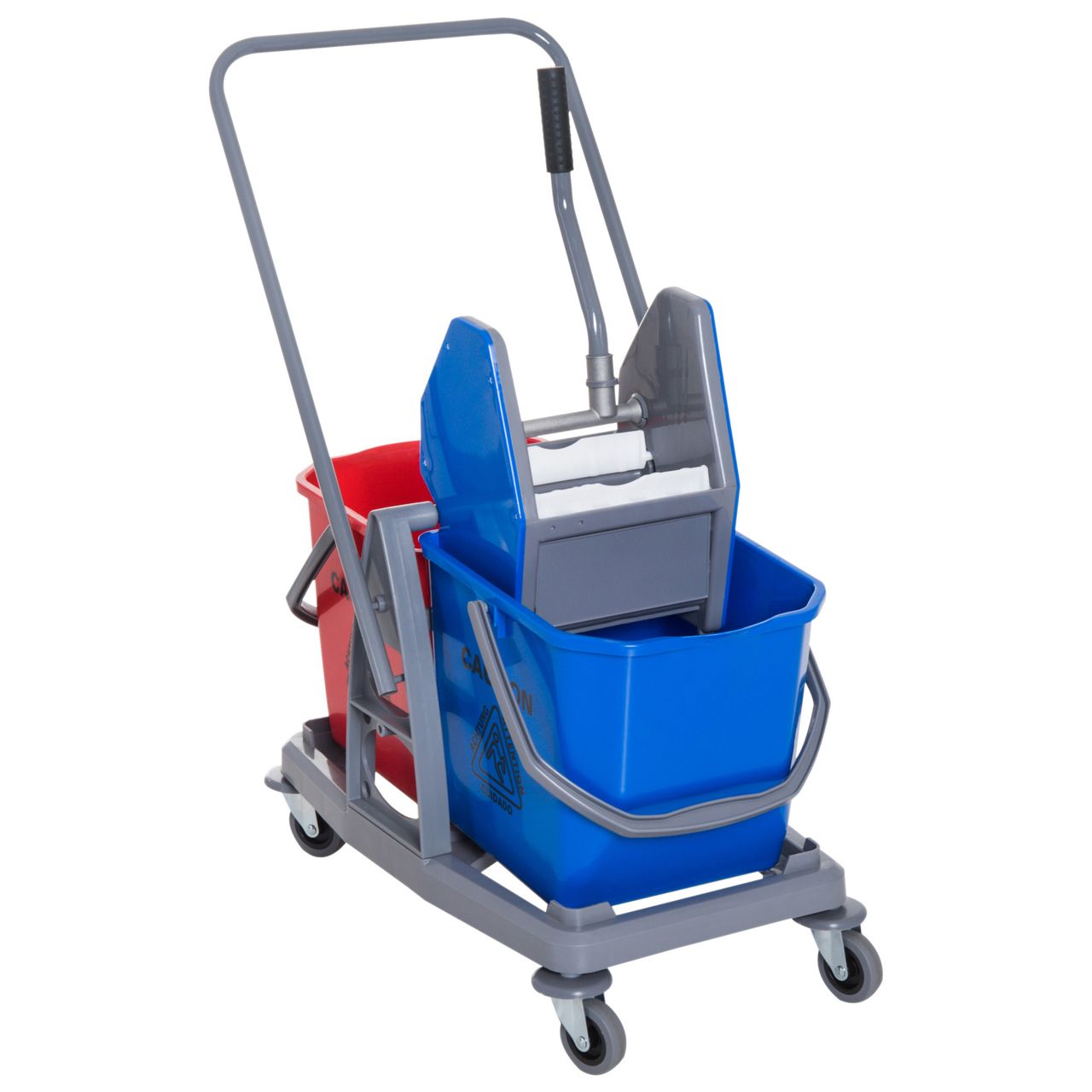 HOMCOM Putzwagen Reinigungswagen Wischwagen mit 2 Eimern Systemwagen mit 4 leichtgängigen Rollen Metall PP Blau Rot 73 × 45 × 92 cm