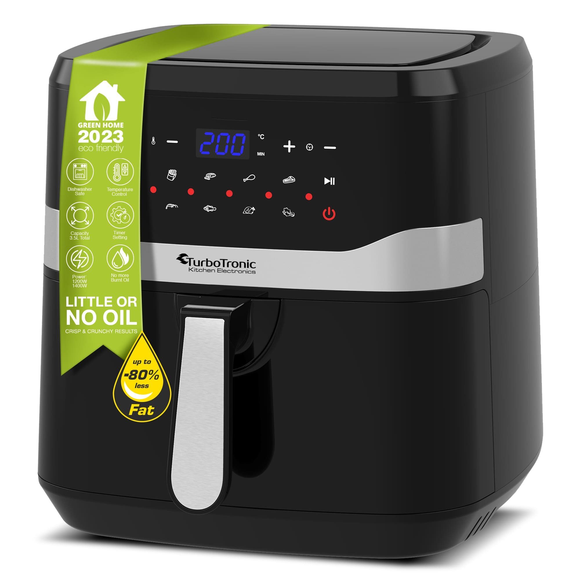 TurboTronic by Z-Line Heißluftfritteuse 7 Liter, 12 Programme, XXL Fritteuse Fettfrei ohne Öl, 50°C - 200°C, 1800 W, Power Camping Retro digital Airfryer AF7D
