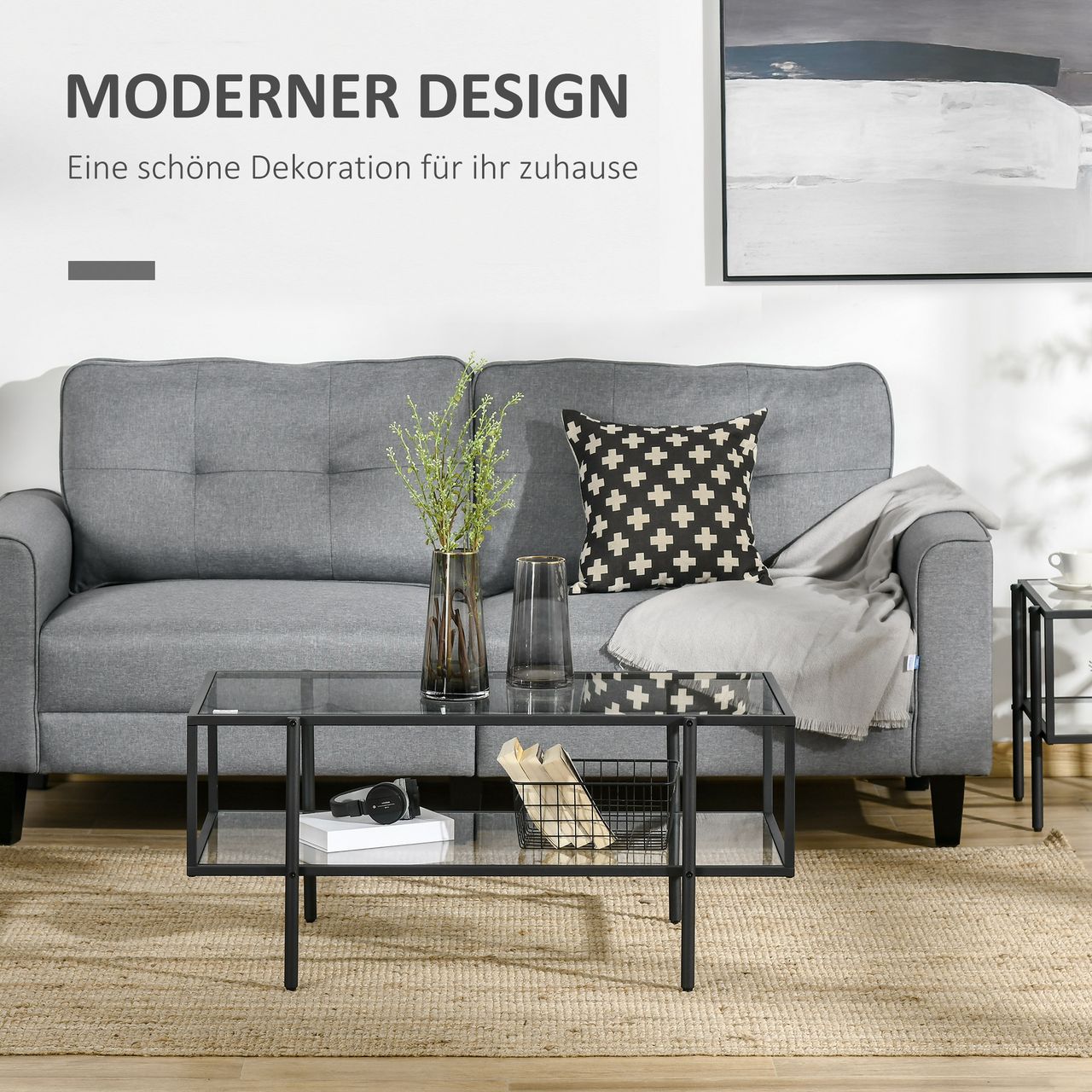 HOMCOM Beistelltisch mit Glasplatte Couchtisch mit 3 Regalen mit Stahlrahmen Glas Schwarz 100 x 55 x 45,5 cm