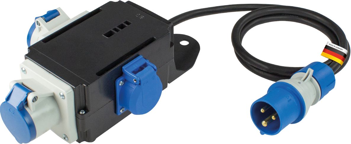 Distribuidor de energia Schwabe 60496 Camping CEE MIXO 230V/16A IP44 tripolar EMS com cabo H07RN-F3G2.5 de 1,5 m