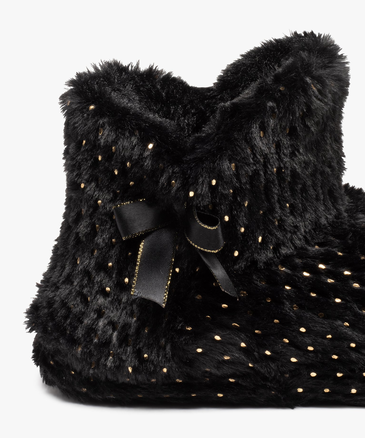 Chaussons femme boots en textile peluche à pois noir | GEMO