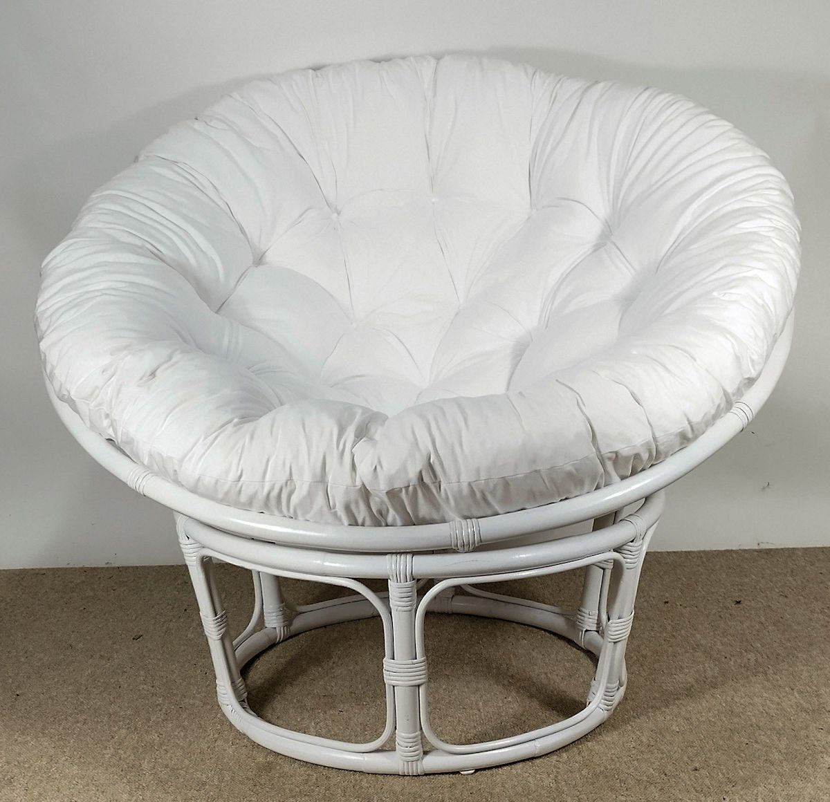 Rattani Rattanstuhl Rattan Papasan Sessel inkl. hochwertigen Polster D 110 cm weiß lack