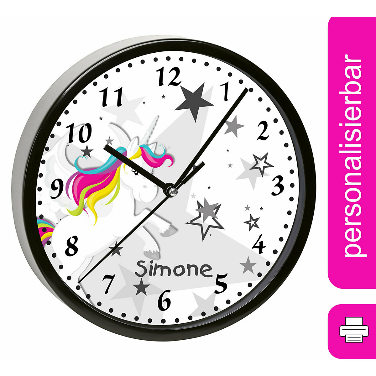 Kinder Wanduhr personalisiert mit Name Pegasus Sterne Grau