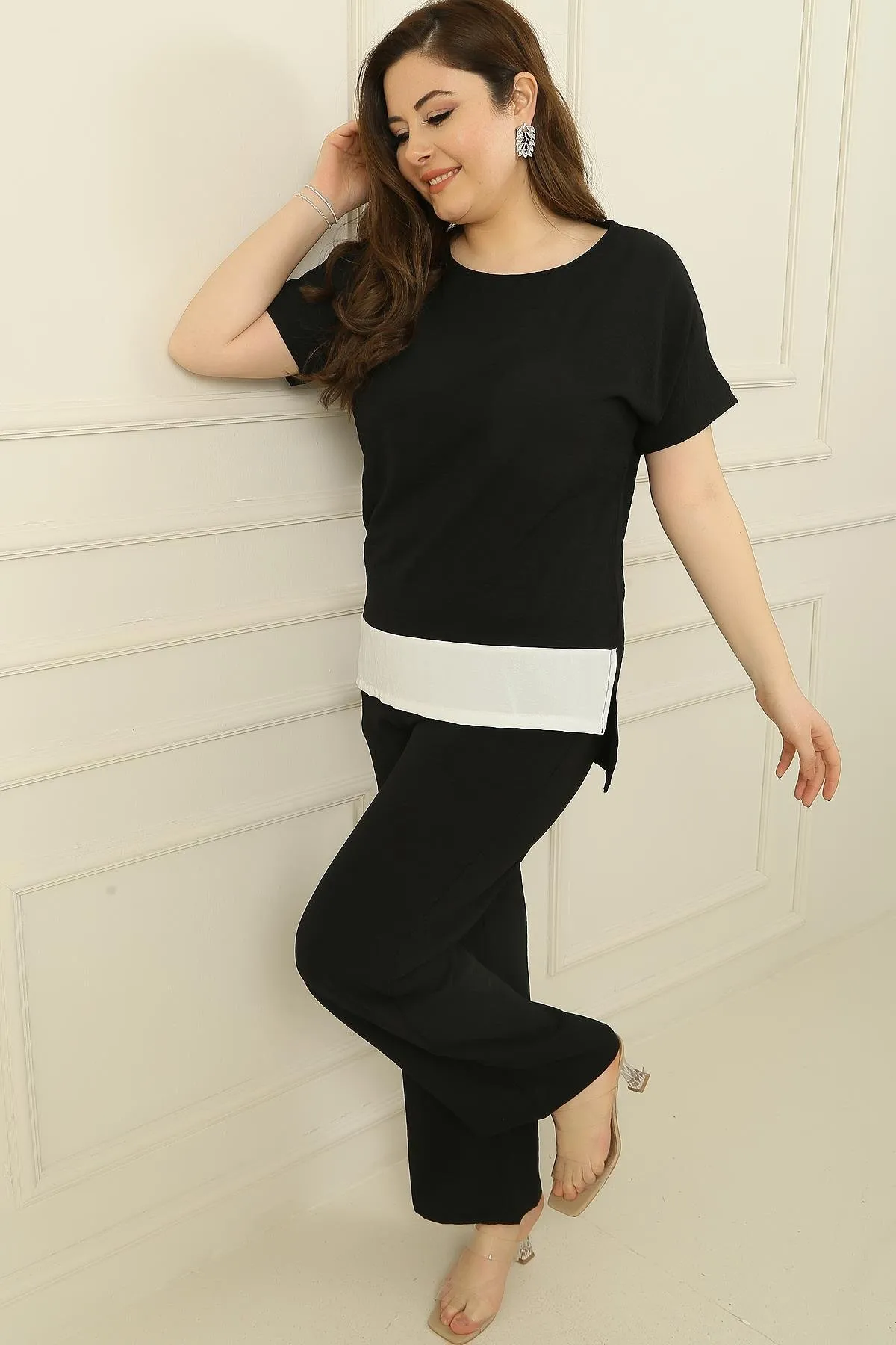 By Saygı  Verzierte Bluse vorne, elastische Taille, Tasche, Palazzo-Hose, Ayrobin, großes 2-teiliges Set