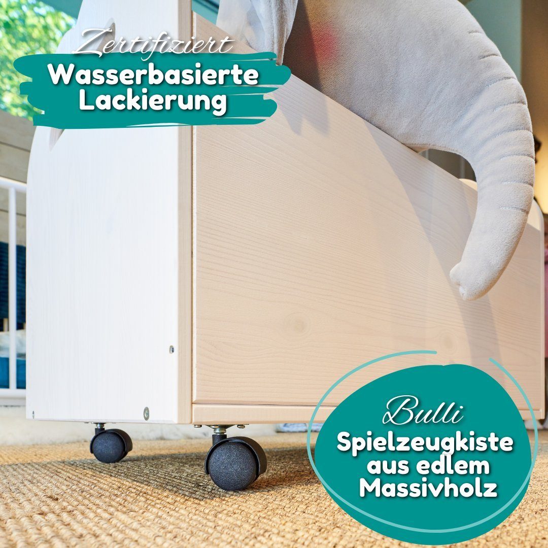 Alavya Home® Spielzeugtruhe BULLI Premiumqualität für Kinder (Kinderzimmerregal Spielzeugkiste), Spielzeug-Organizer mit 4 Rollen Aufbewahrungsregal aus Kiefernholz