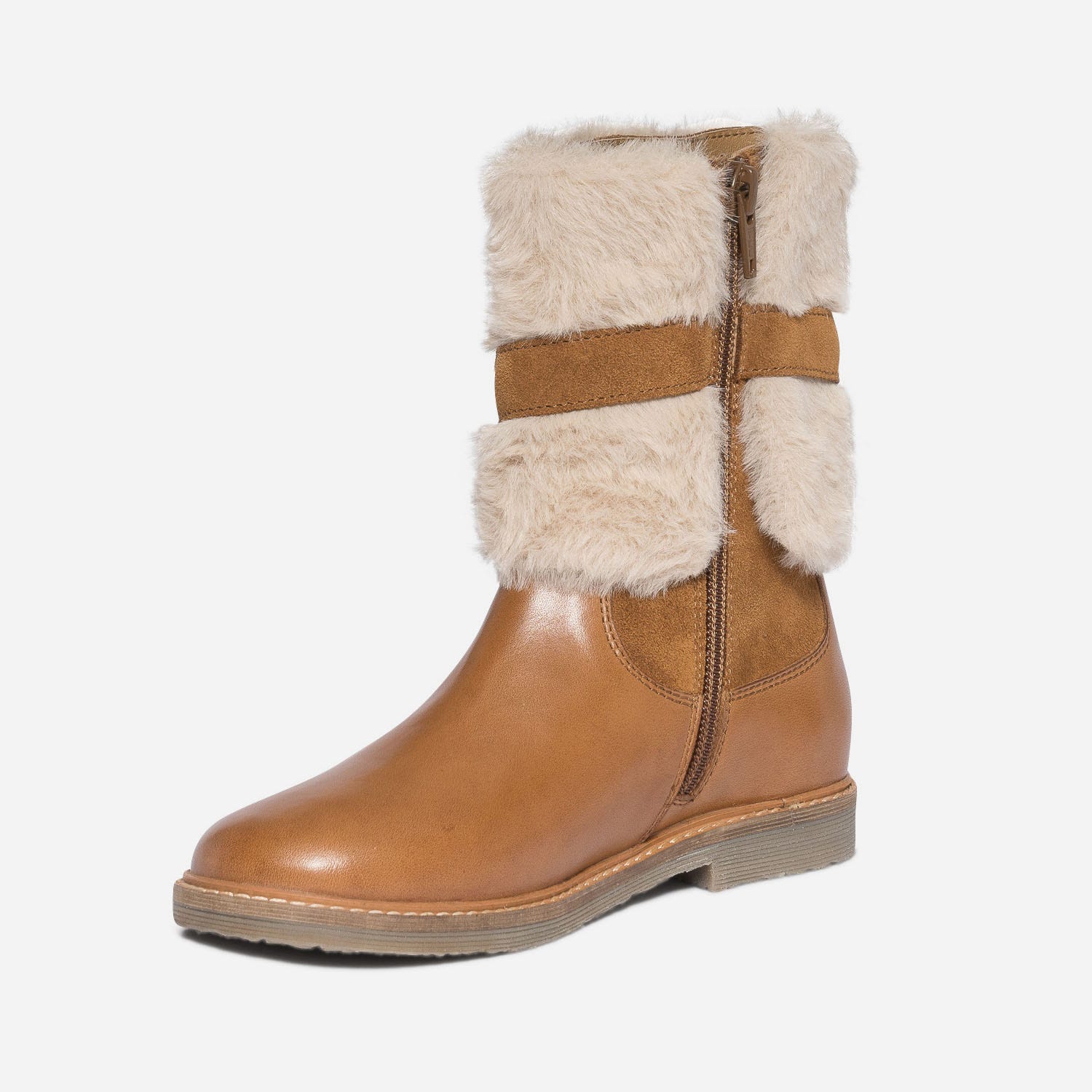 Boots camel en cuir avec empiècement amovible