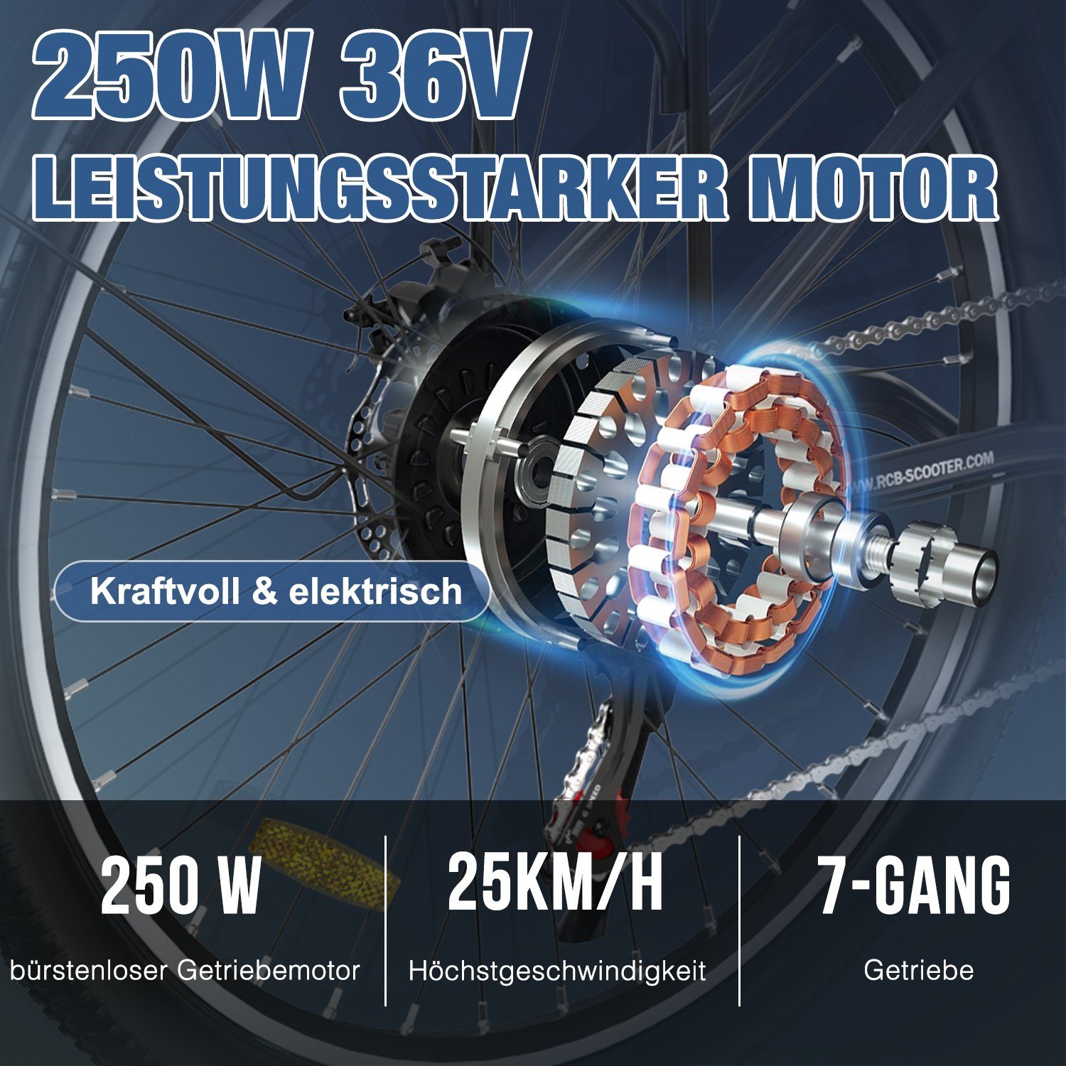 RCB E-Bike 26 Zoll Elektrofahrrad 36V 12AH, 250W Cityräder für Damen Herren, 7 Gang SHIMANO, Heckmotor