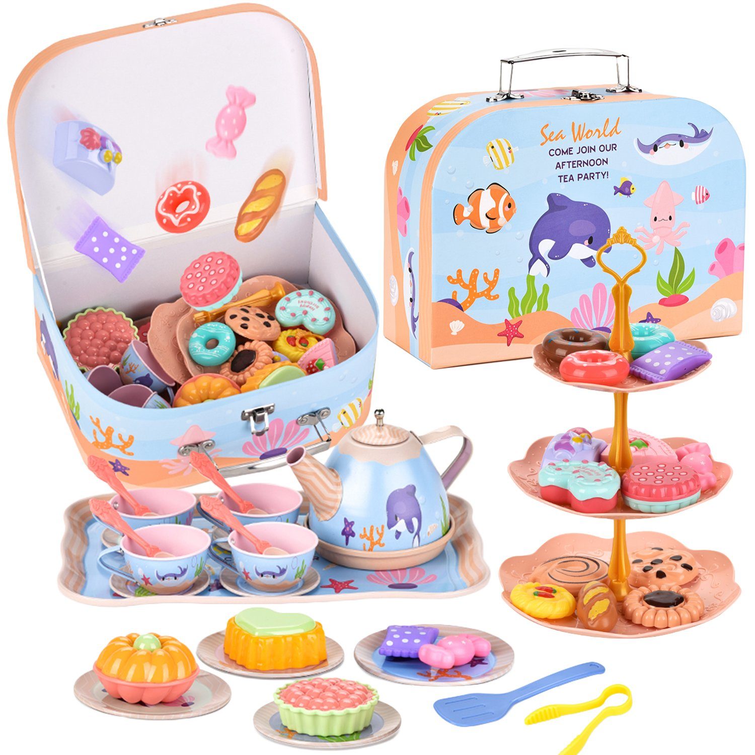 LBLA Lernspielzeug 45-teiliges Teeservice Kinder Metall mit Spielzeug Tragekoffer Dessert, Teeservice Kinderküche Rollenspiel für Kinder, Weihnachtsgeschenk