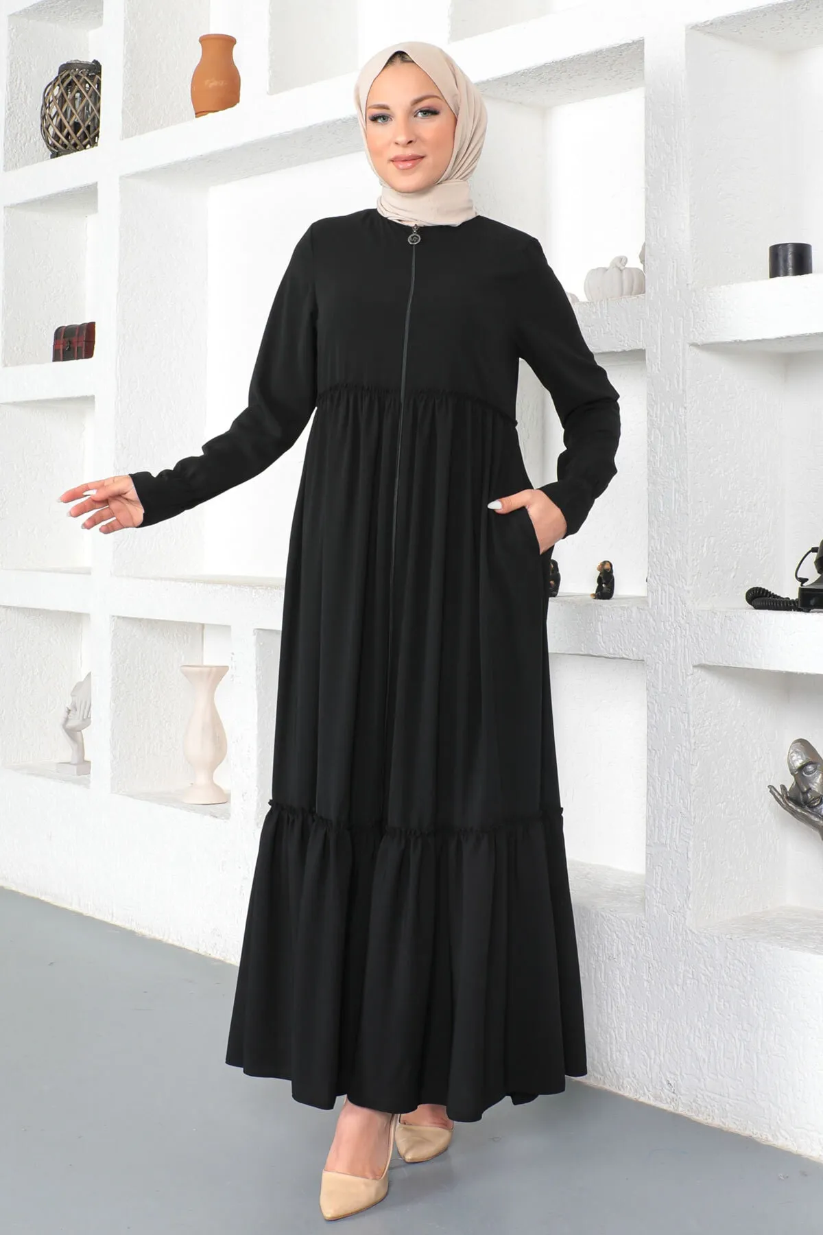 Tesettür Dünyası  Volant Hijab Abaya Tsd230335 Schwarz