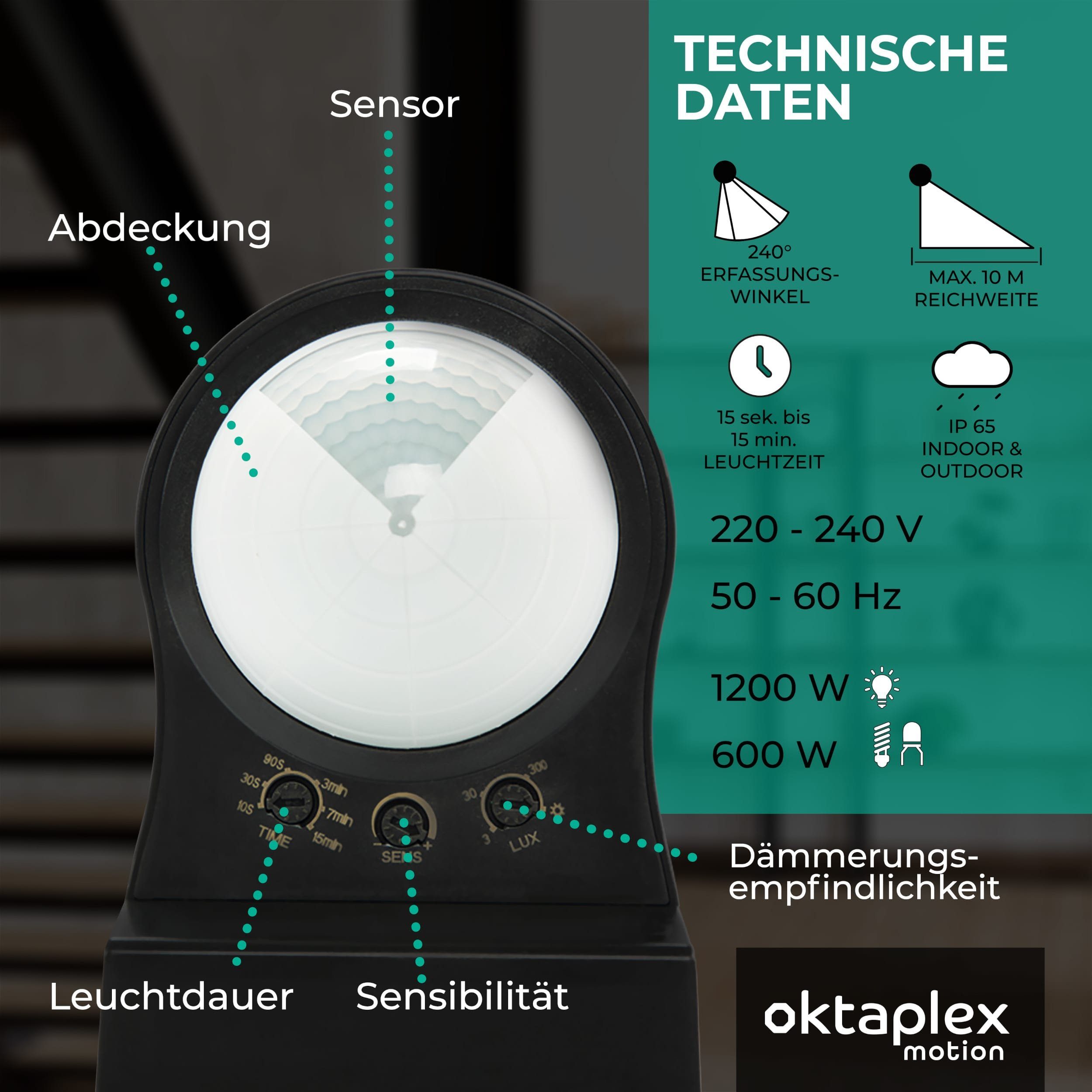 Oktaplex motion Bewegungsmelder Aussen IP65 230V, Aufputz Infrarotsensor anthrazit Erfassungsbereich einstellbar