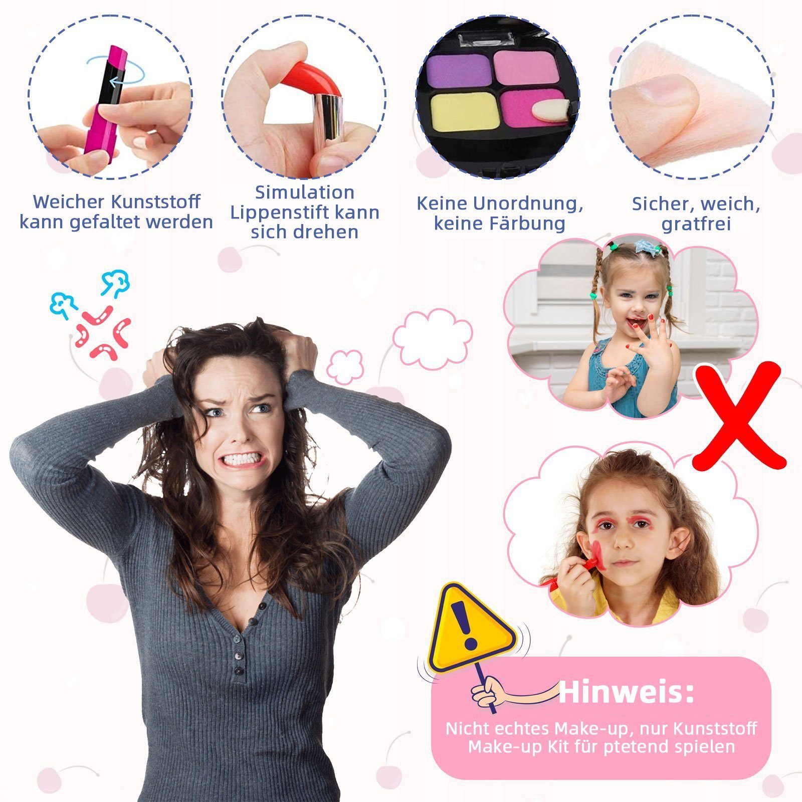 Wenta Lernspielzeug (Kinderschminke Set, 19-St., Mädchen Waschbar Make-up Spielzeug mit Schminkkoffer), Rollenspielzeug Geschenke für Mädchen ab 3 4 5 Jahren