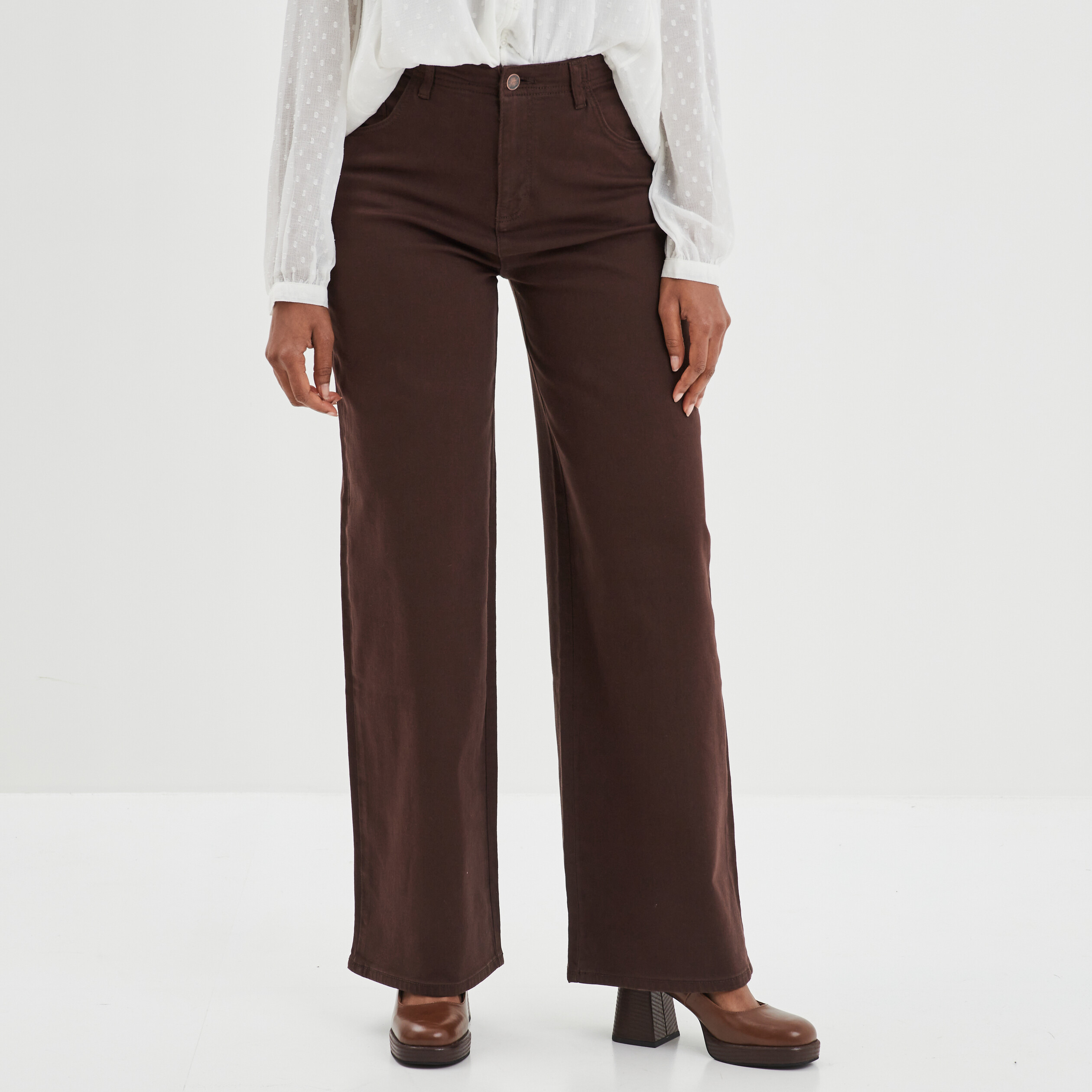 Pantalon large taille haute marron foncé femme | La Halle