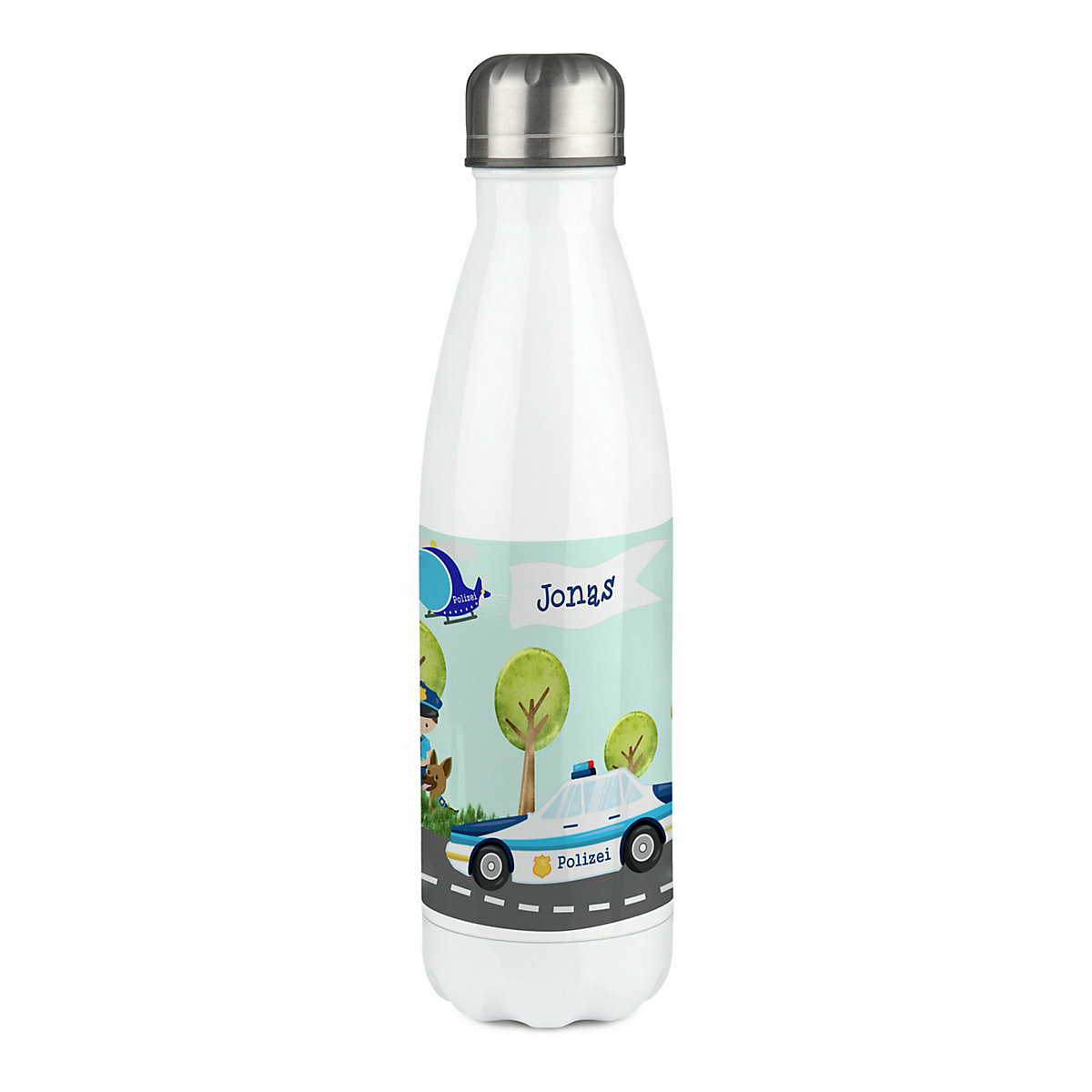 Edelstahl Kinder Thermoflasche / Trinkflasche bunt Polizei Spülmaschinenfest, Auslaufsicher, Bruchfest, Doppelwandig, Für Heißgetränke geeignet, Mit Deckel, Isoliert