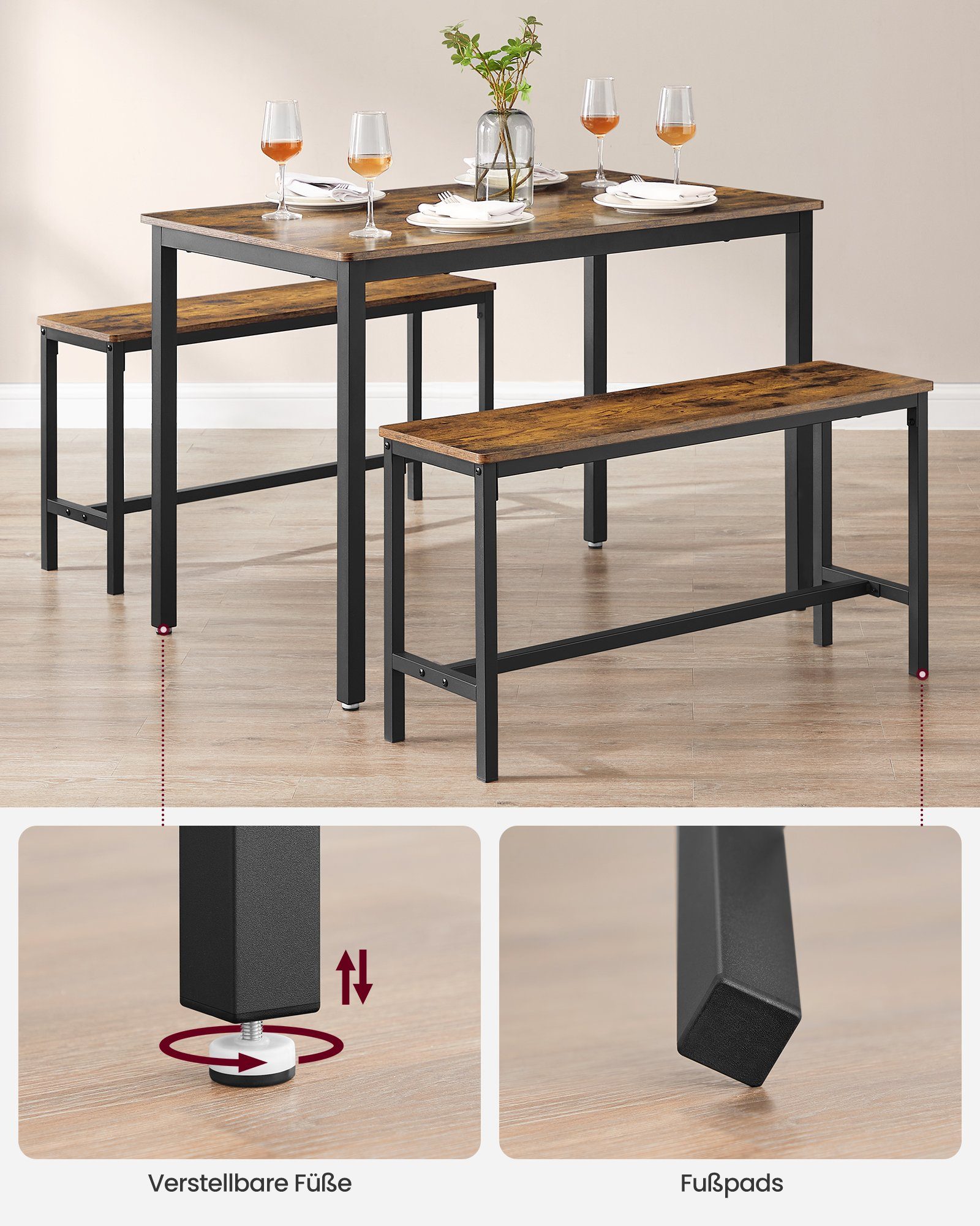 VASAGLE Essgruppe, (Set, 3-tlg), Küchentisch 70 x 110 x 75 cm, 2 Bänke je 30 x 97 x 50 cm