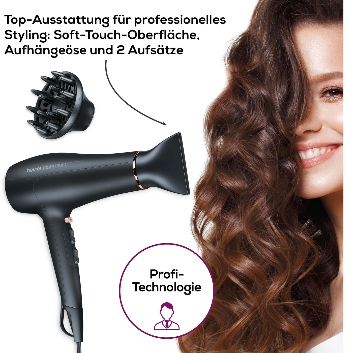 Beurer Haartrockner - HC 50-Haarschonender Föhn mit 2 Aufsätzen & 3-stufiger Ionen-Technology