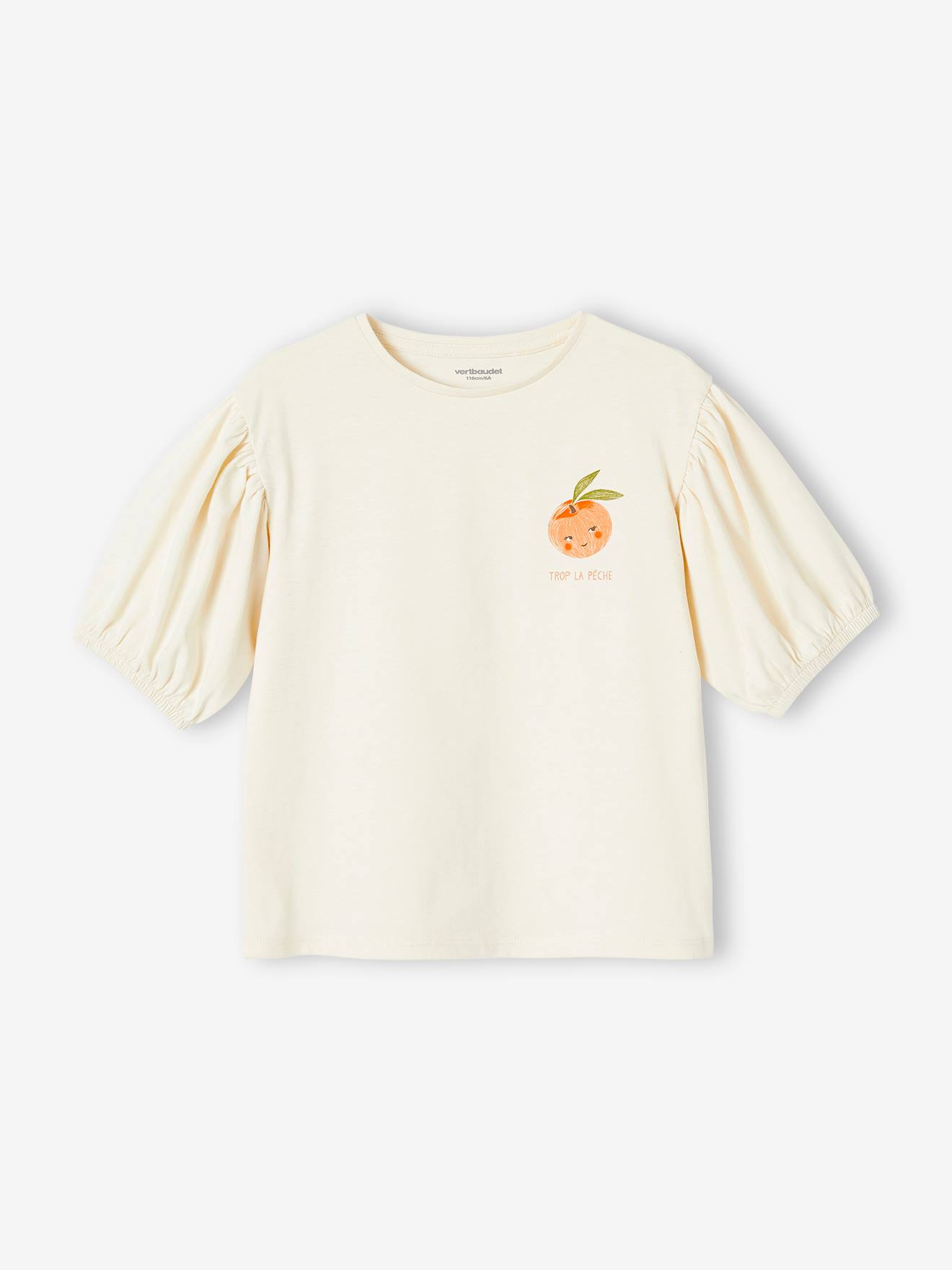 T-shirt manches boules fille motif fruit poitrine rose pâle