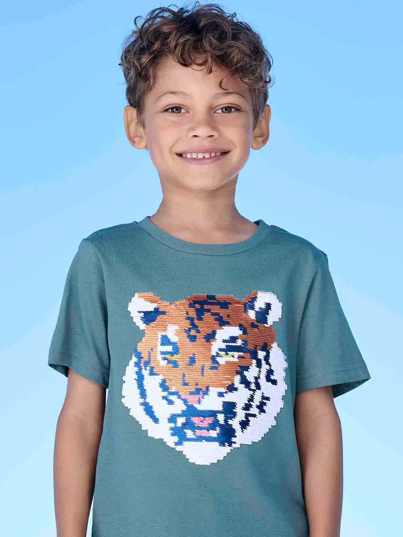 Vertbaudet Jungen T-Shirt mit Wende-Pailletten Oeko-Tex - weiß