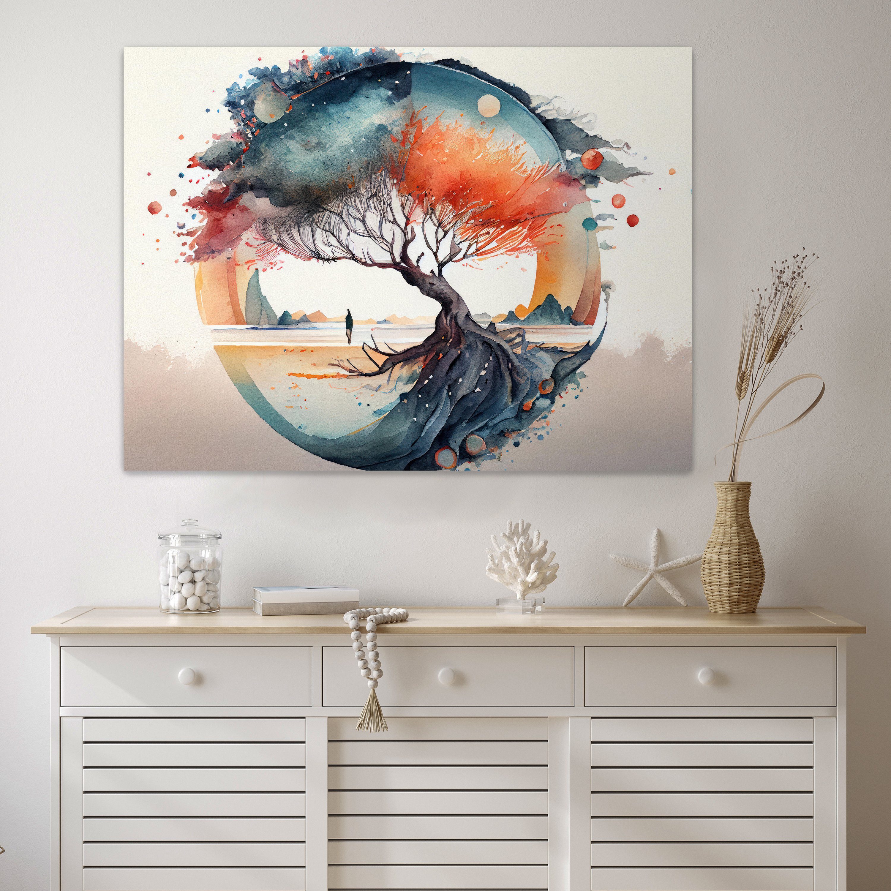 wandmotiv24 Leinwandbild Aquarell, Baum, Querformat, Kunst & Gemälde (1 St), Wandbild, Wanddeko, Leinwandbilder in versch. Größen