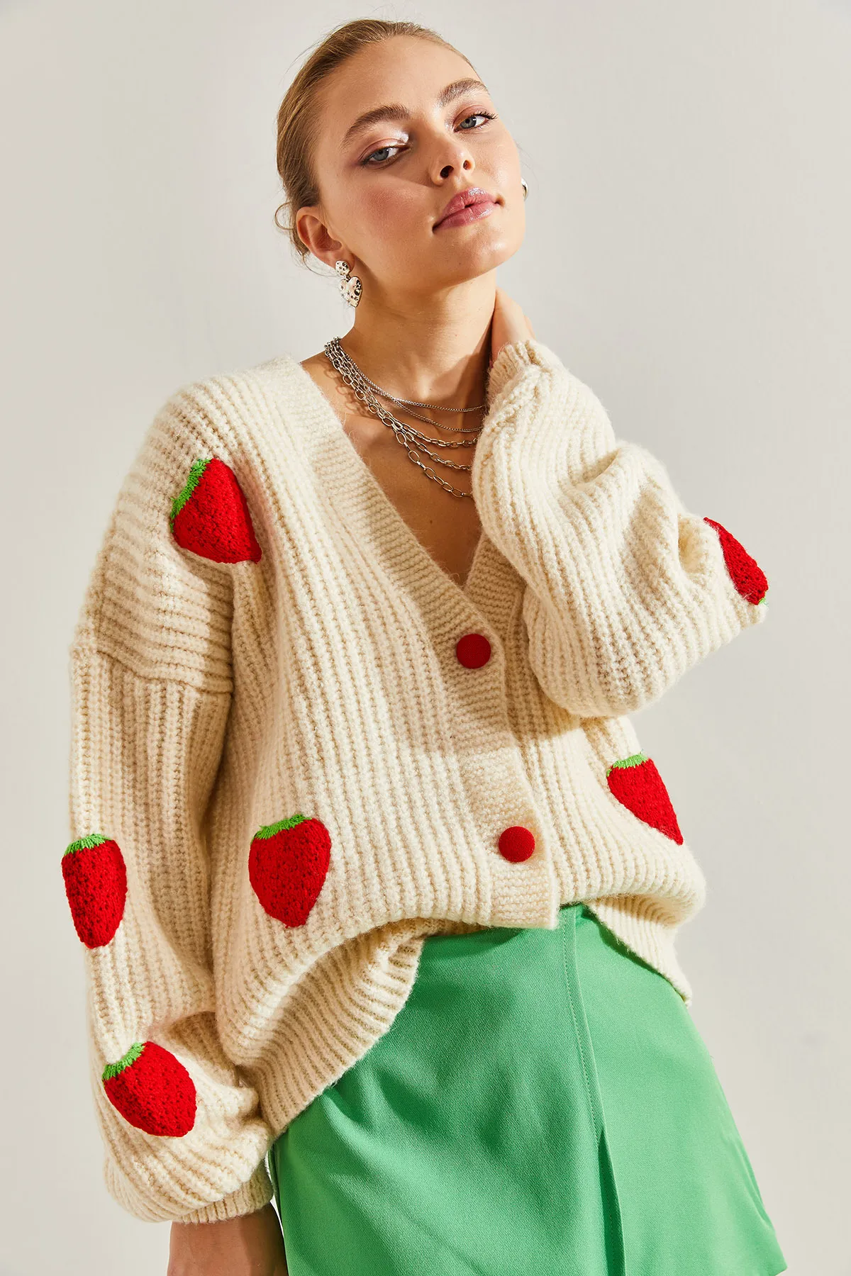 Bianco Lucci  Erdbeer-Strickjacke für Damen mit Knöpfen